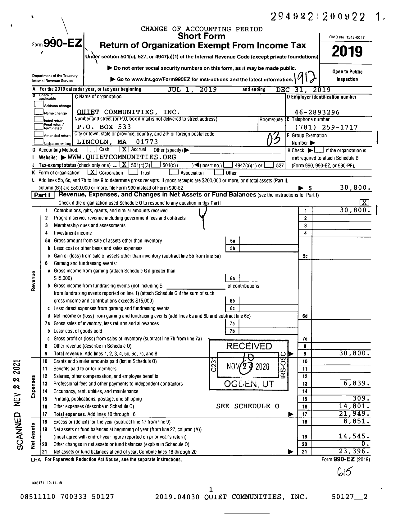 Image of first page of 2019 Form 990EZ for Quiet Communities