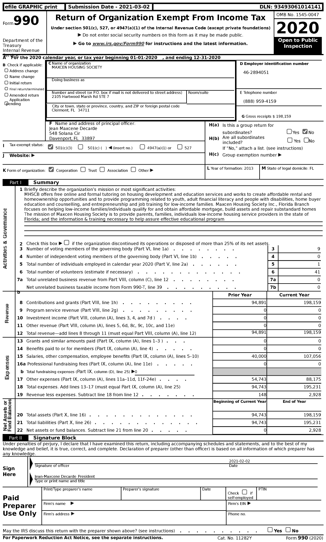 Image of first page of 2020 Form 990 for Maxcen Society Humanity Help of Florida