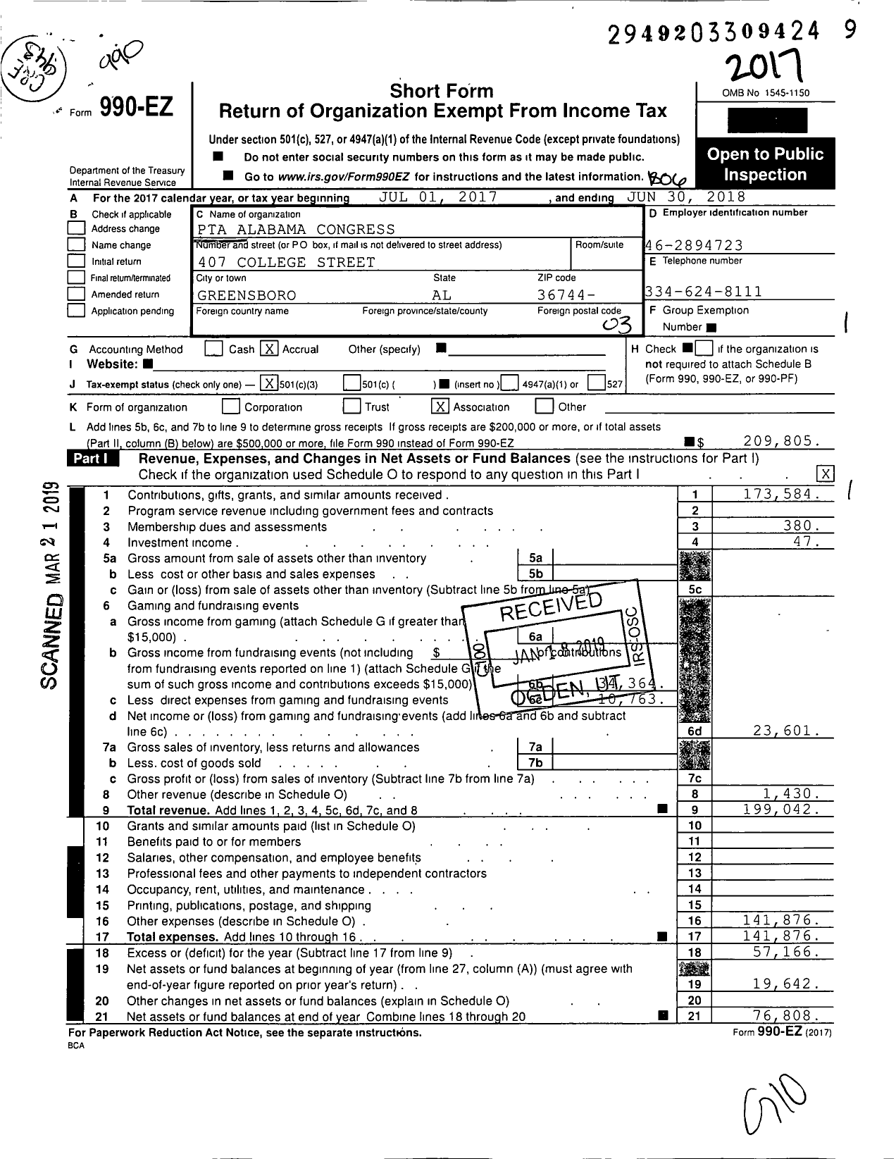 Image of first page of 2017 Form 990EZ for PTA Alabama Congress / Greensboro Southern Academy of PTA