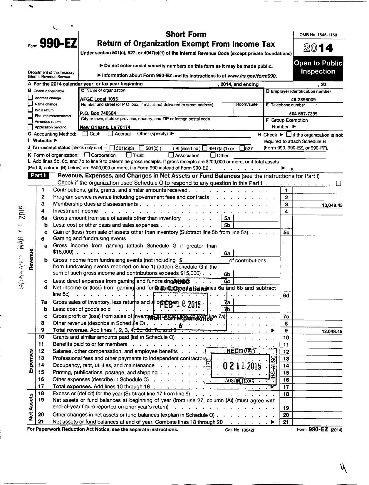 Image of first page of 2014 Form 990EO for American Federation of Government Employees - 1095 Afge Local