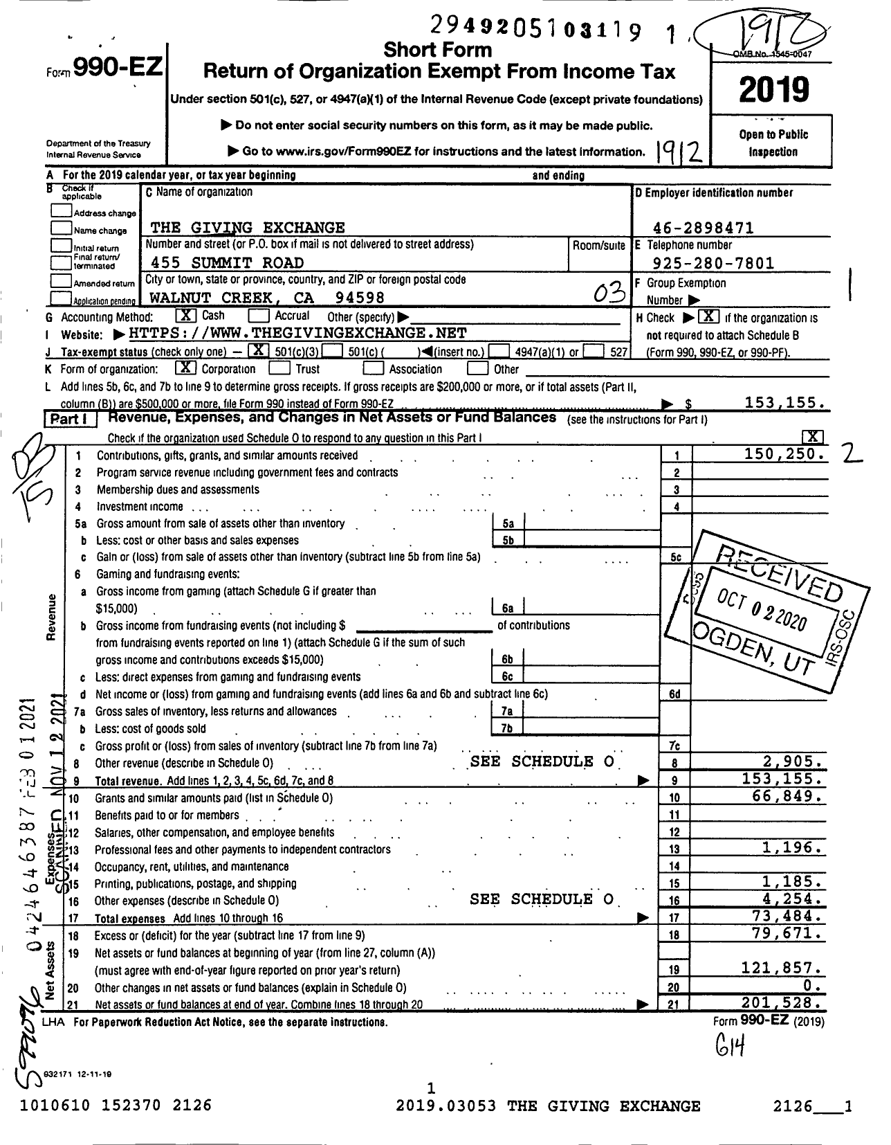 Image of first page of 2019 Form 990EZ for The Giving Exchange