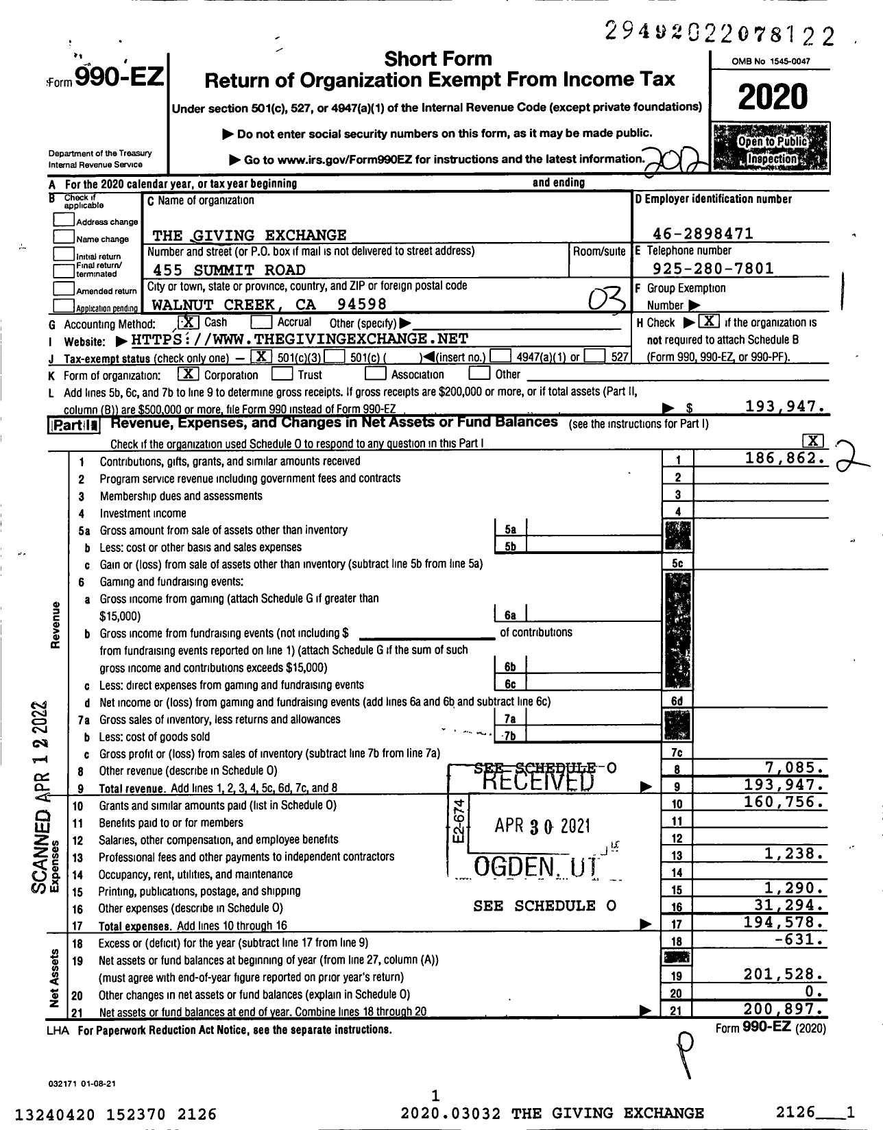 Image of first page of 2020 Form 990EZ for The Giving Exchange