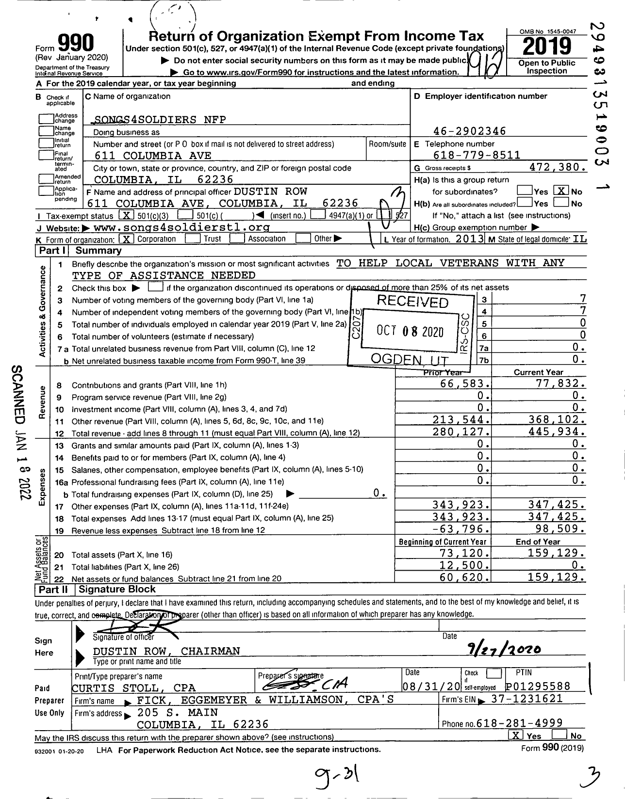 Image of first page of 2019 Form 990 for Songs4soldiers NFP