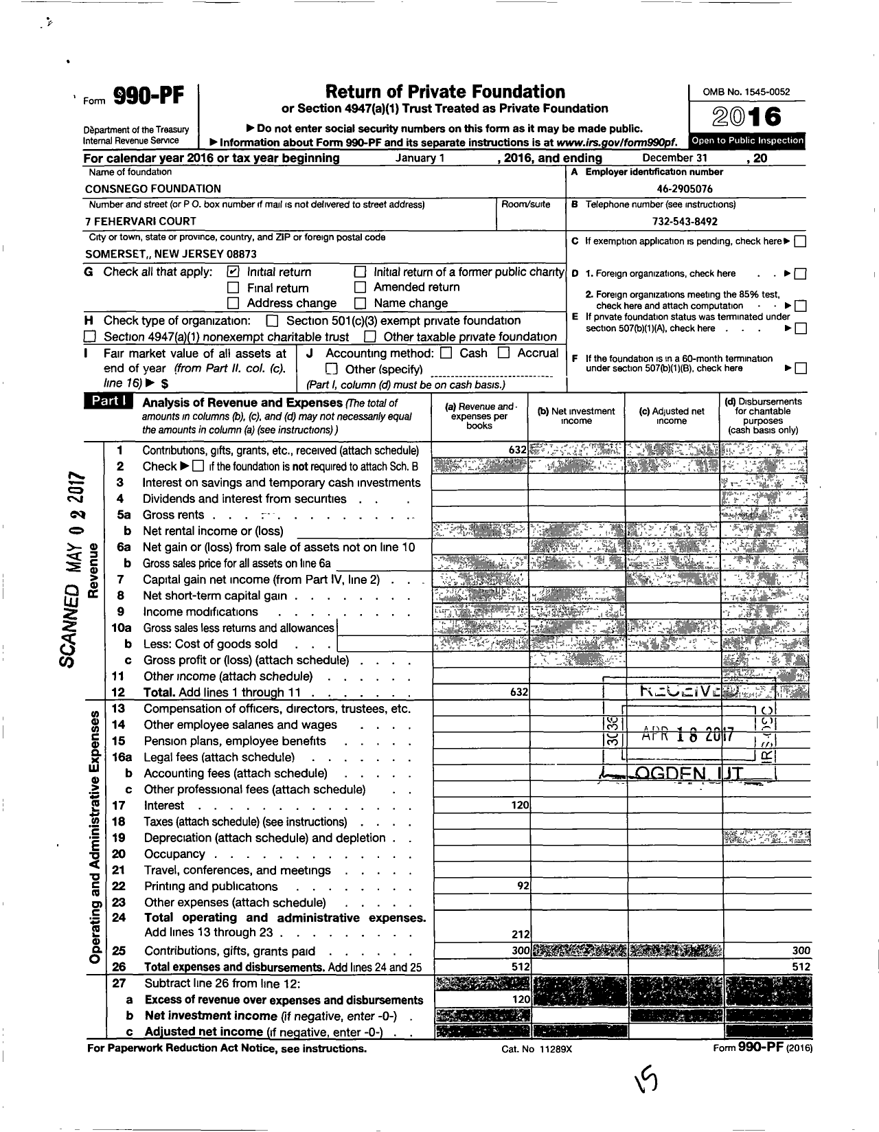 Image of first page of 2016 Form 990PF for Consnego Foundation