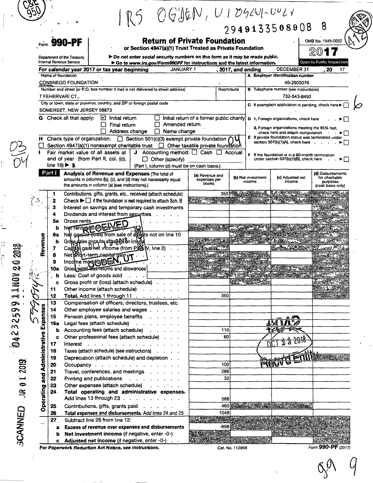Image of first page of 2017 Form 990PF for Consnego Foundation