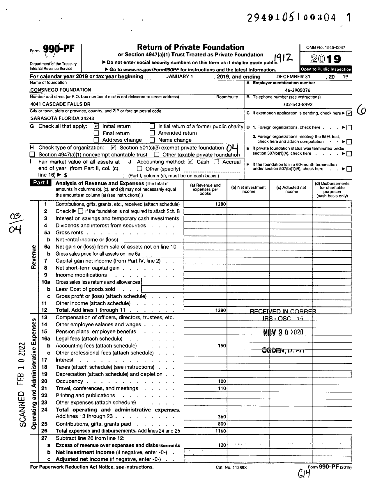 Image of first page of 2019 Form 990PF for Consnego Foundation