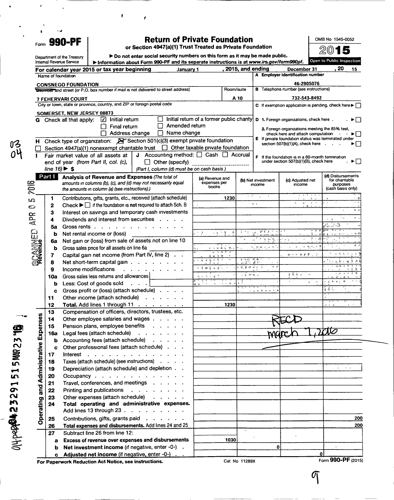 Image of first page of 2015 Form 990PF for Consnego Foundation