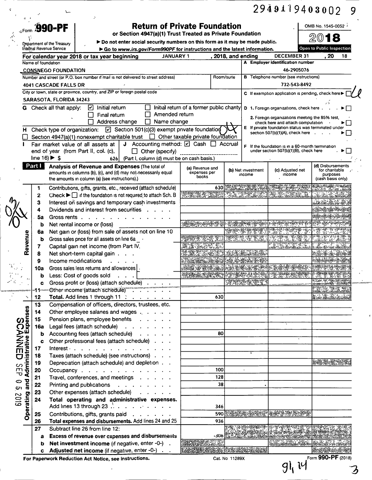 Image of first page of 2018 Form 990PF for Consnego Foundation