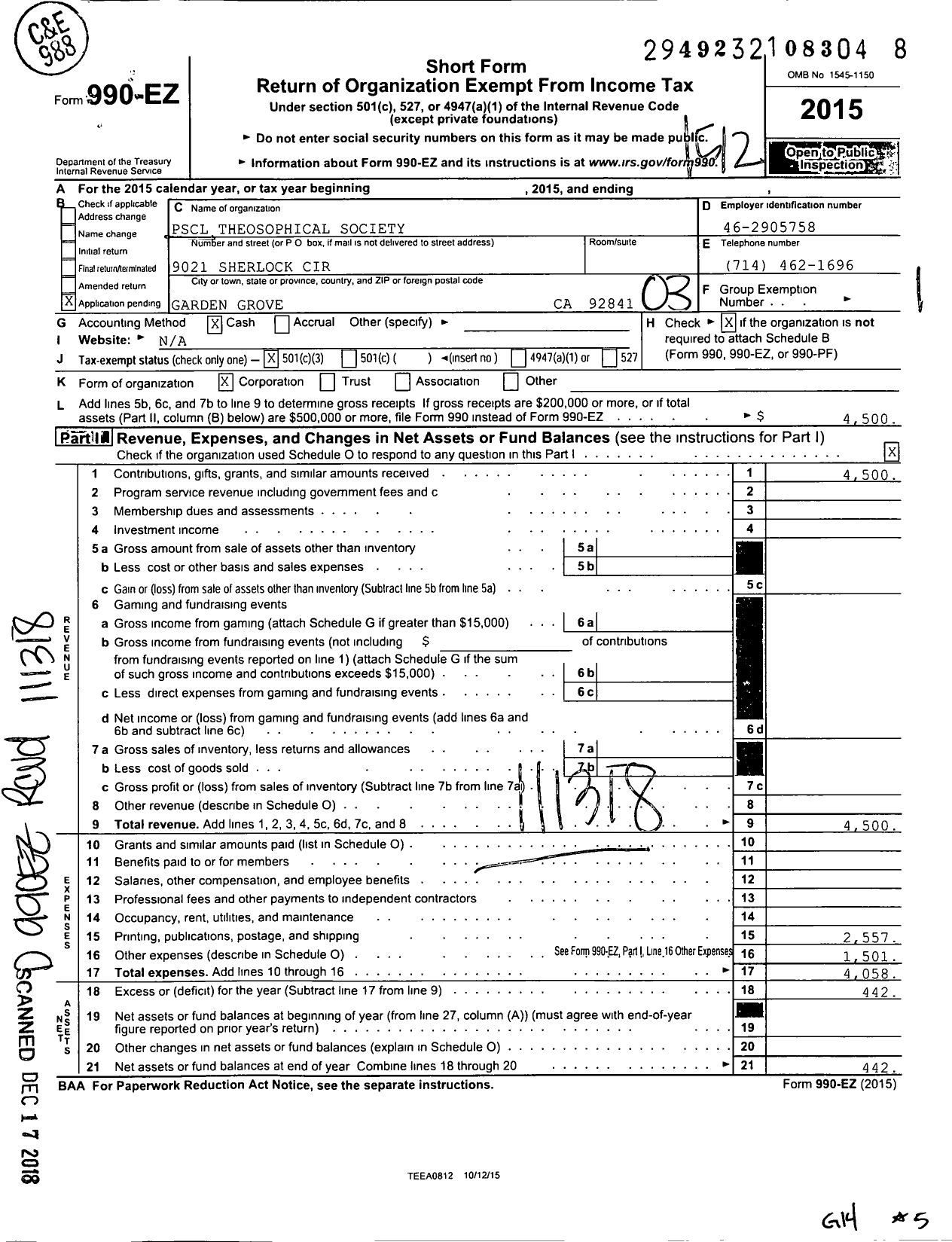 Image of first page of 2015 Form 990EZ for PSCL Theosophical Society