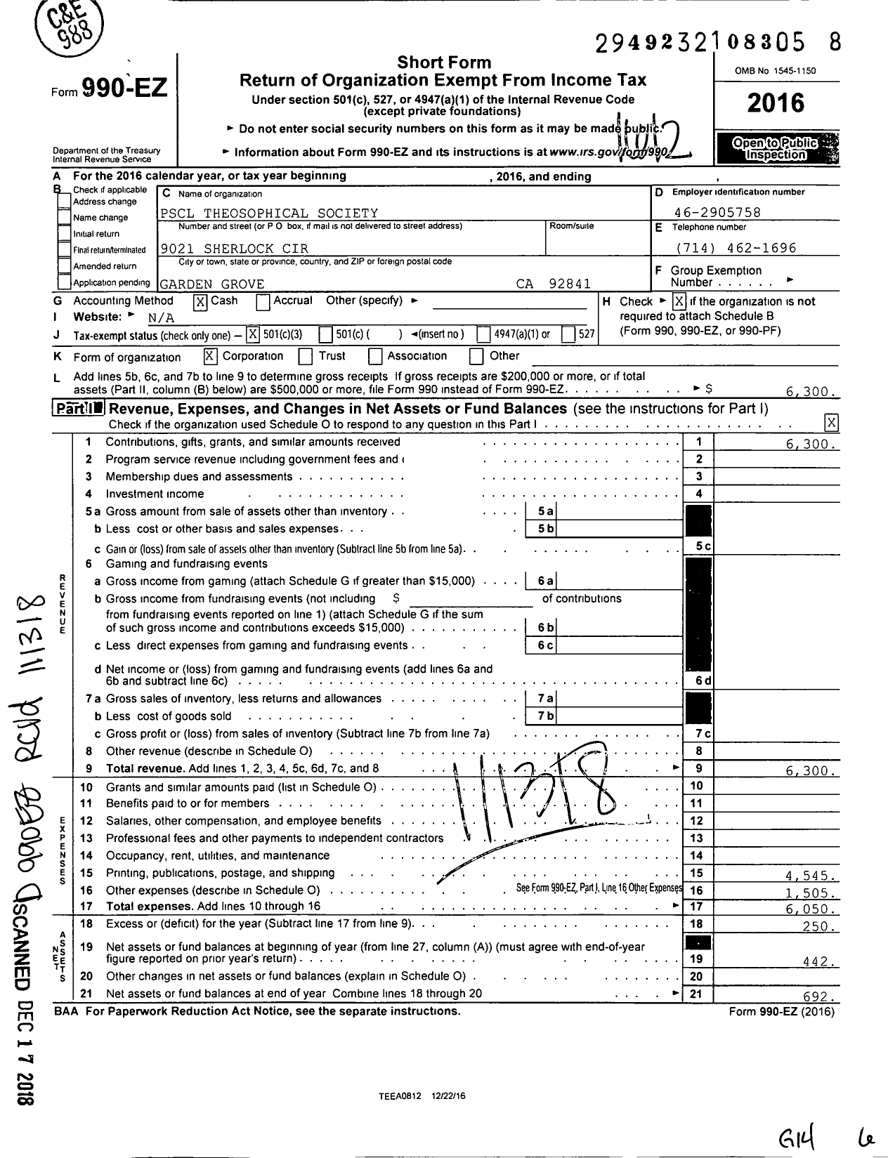 Image of first page of 2016 Form 990EZ for PSCL Theosophical Society