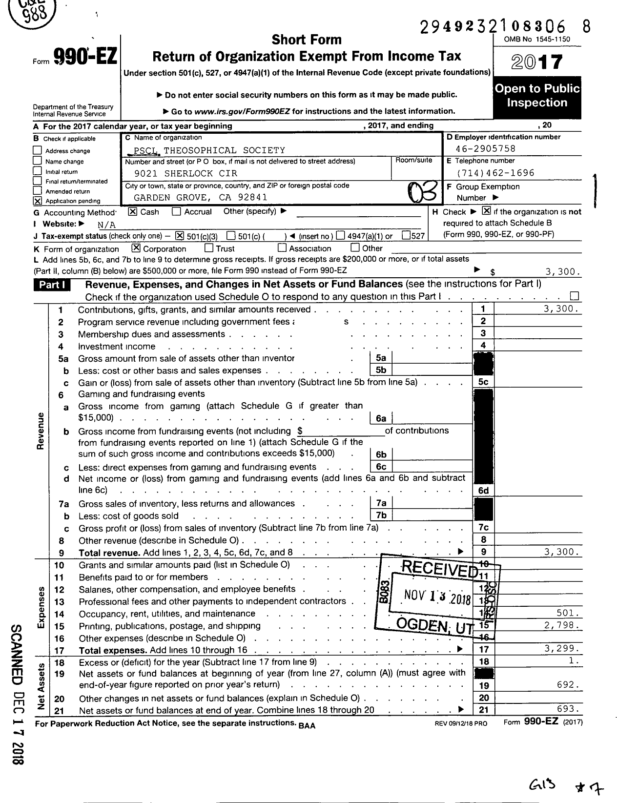 Image of first page of 2017 Form 990EZ for PSCL Theosophical Society