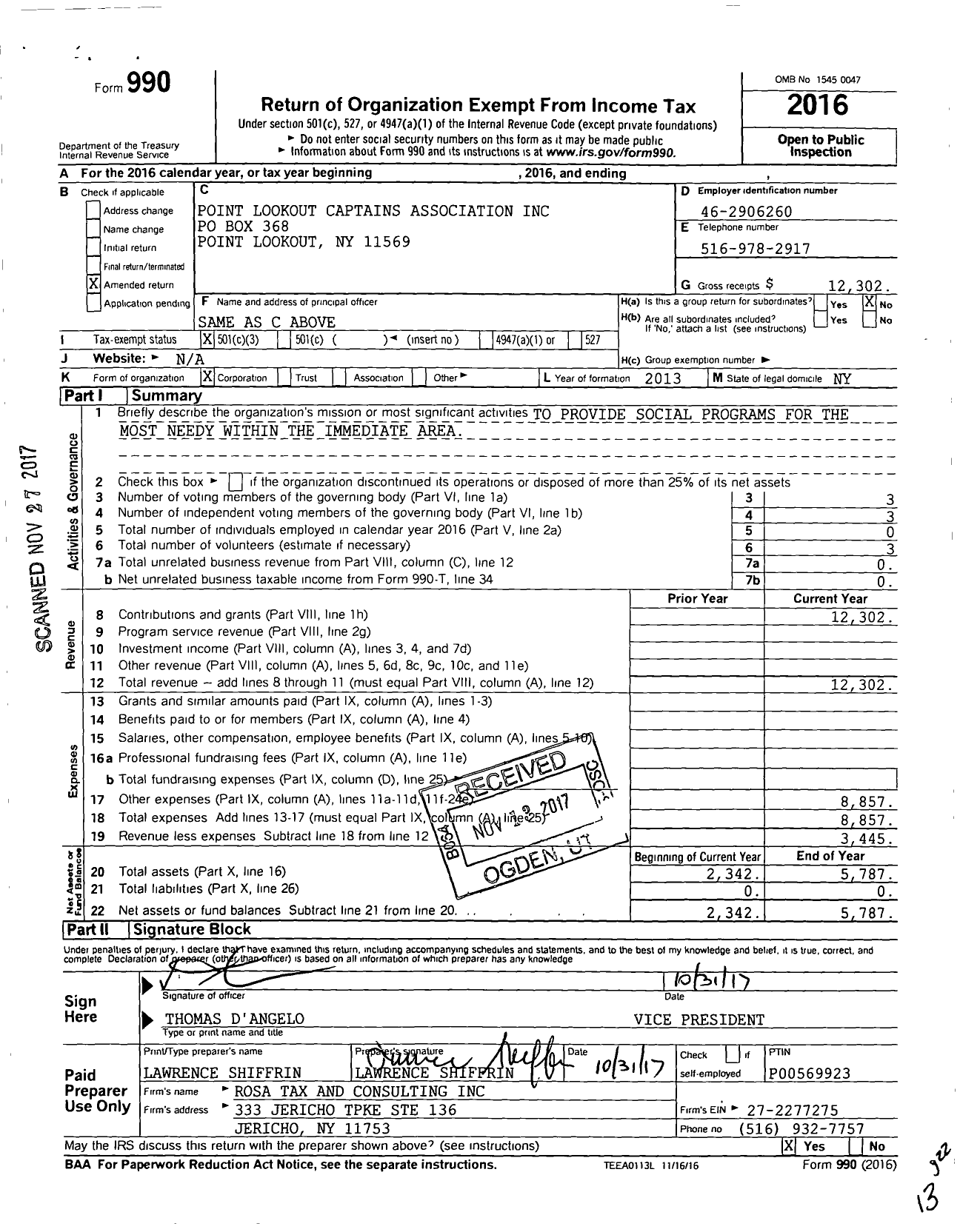 Image of first page of 2016 Form 990 for Point Lookout Captains Association