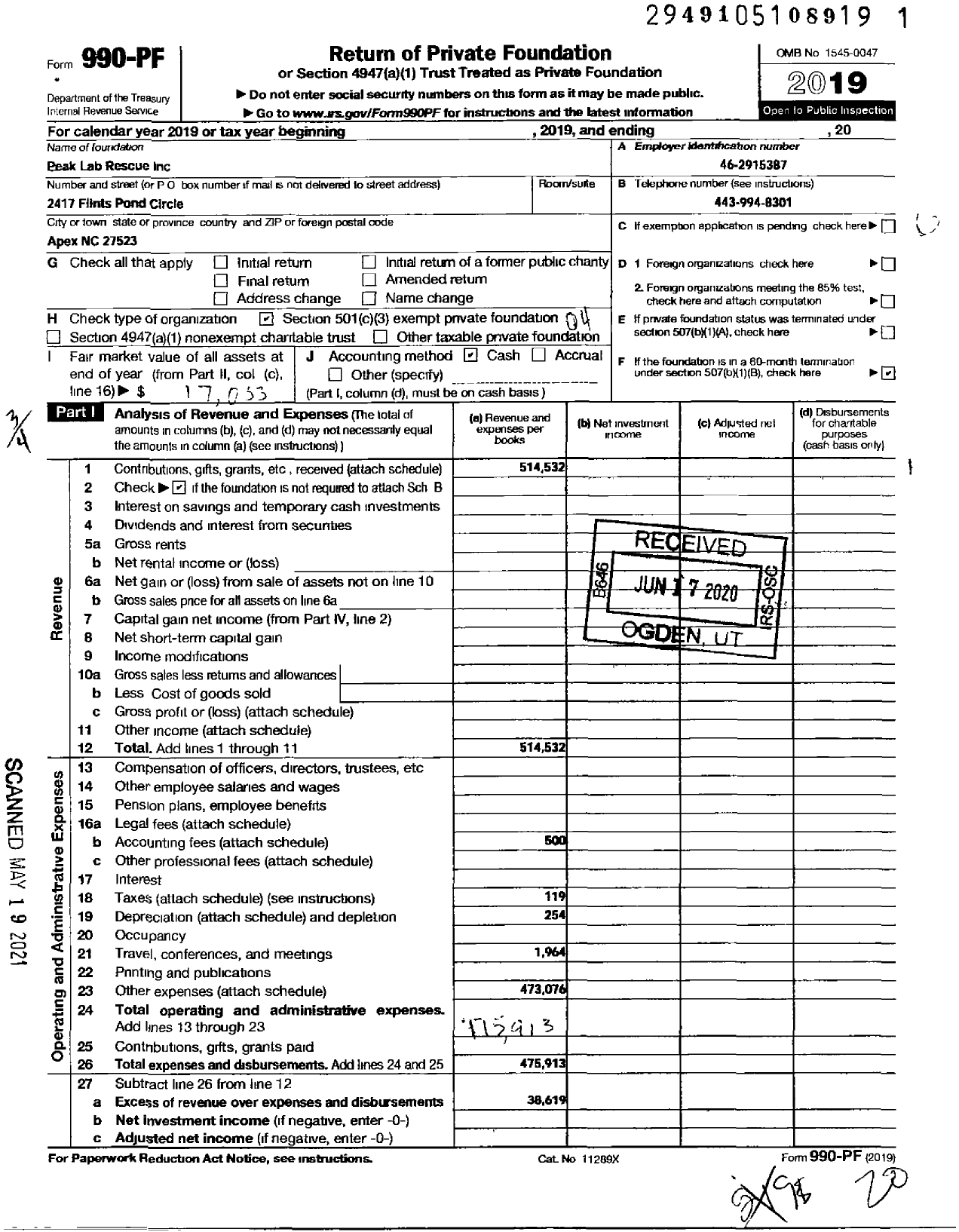 Image of first page of 2019 Form 990PF for Peak Lab Rescue