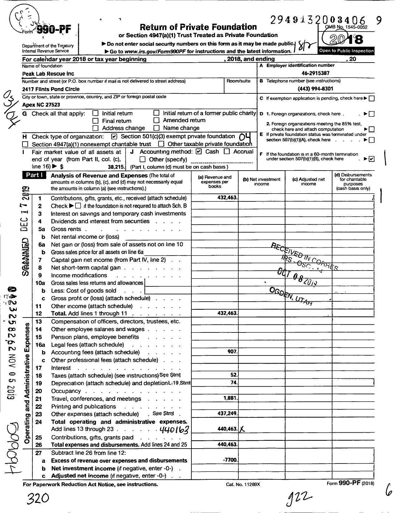Image of first page of 2018 Form 990PF for Peak Lab Rescue