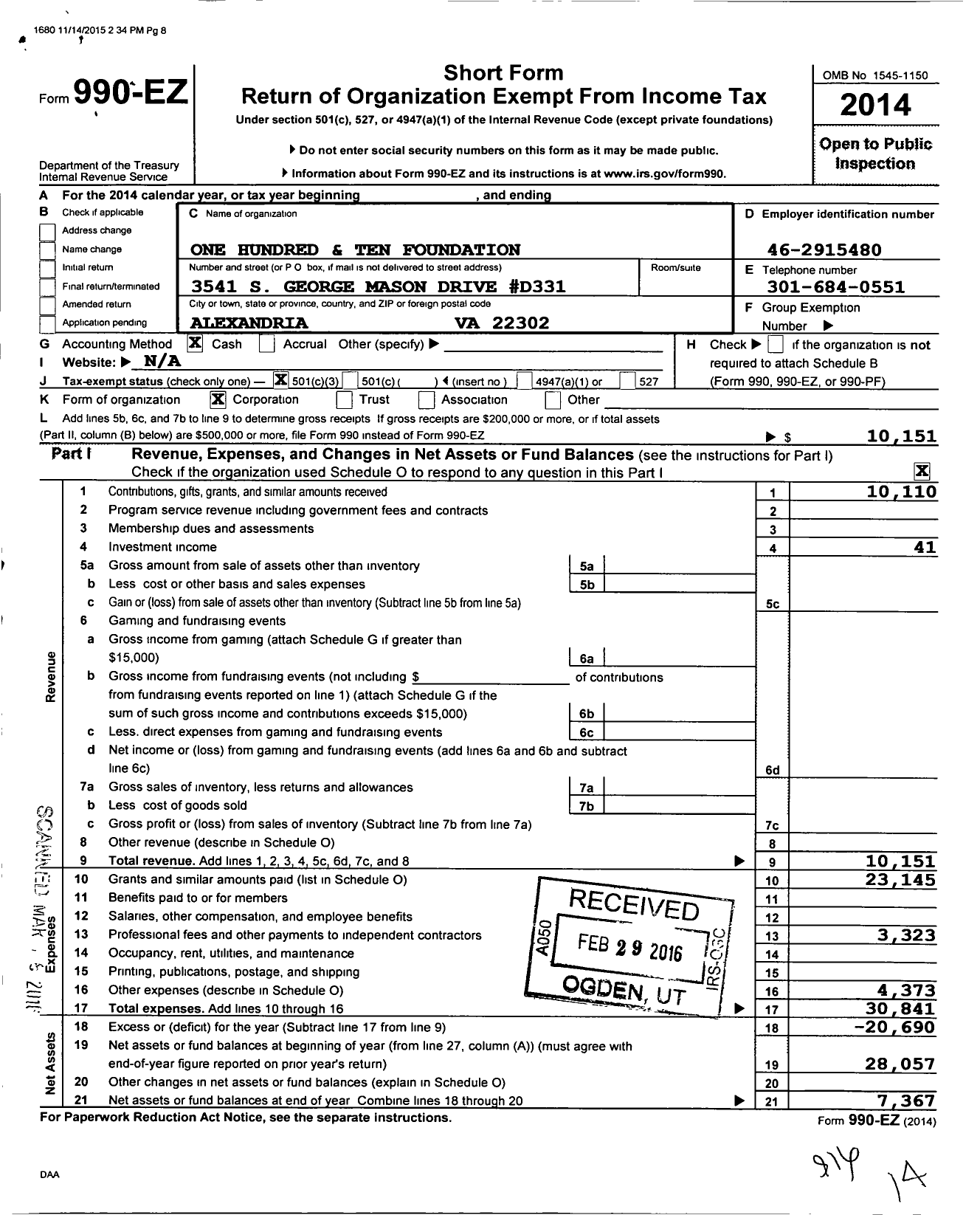 Image of first page of 2014 Form 990EZ for One Hundred and Ten Foundation