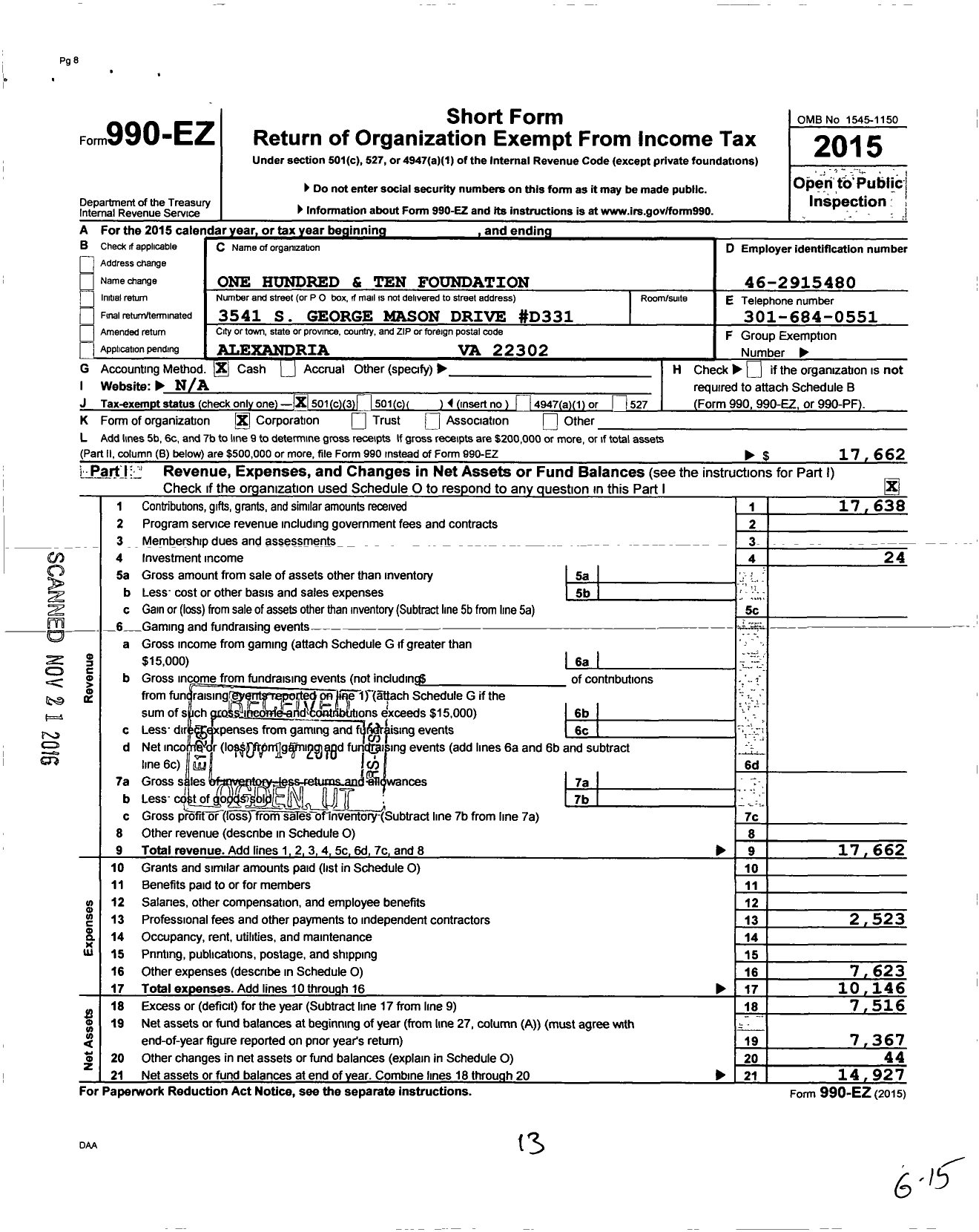 Image of first page of 2015 Form 990EZ for One Hundred and Ten Foundation