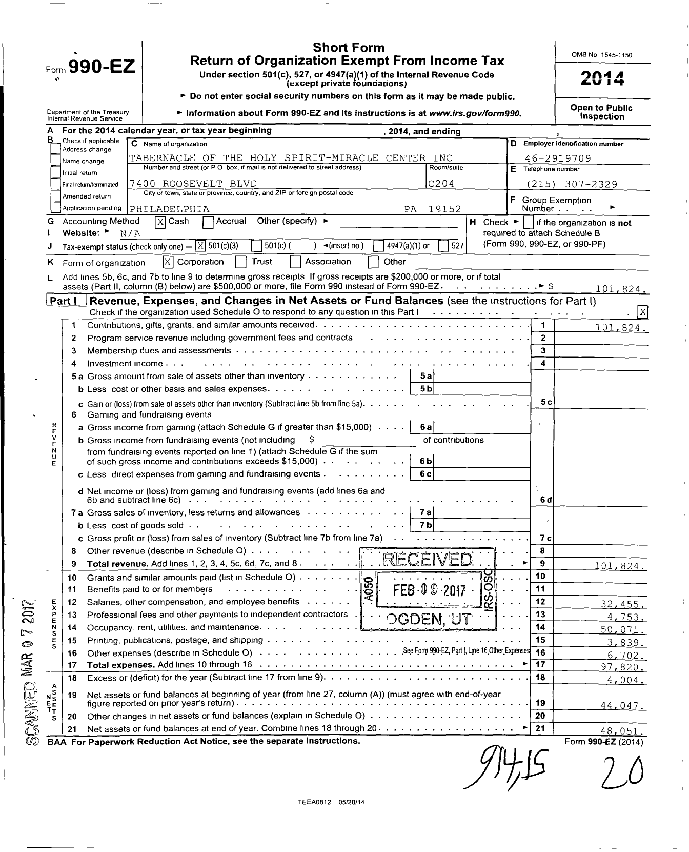 Image of first page of 2014 Form 990EZ for Tabernacle of the Holy Spirit Mirac