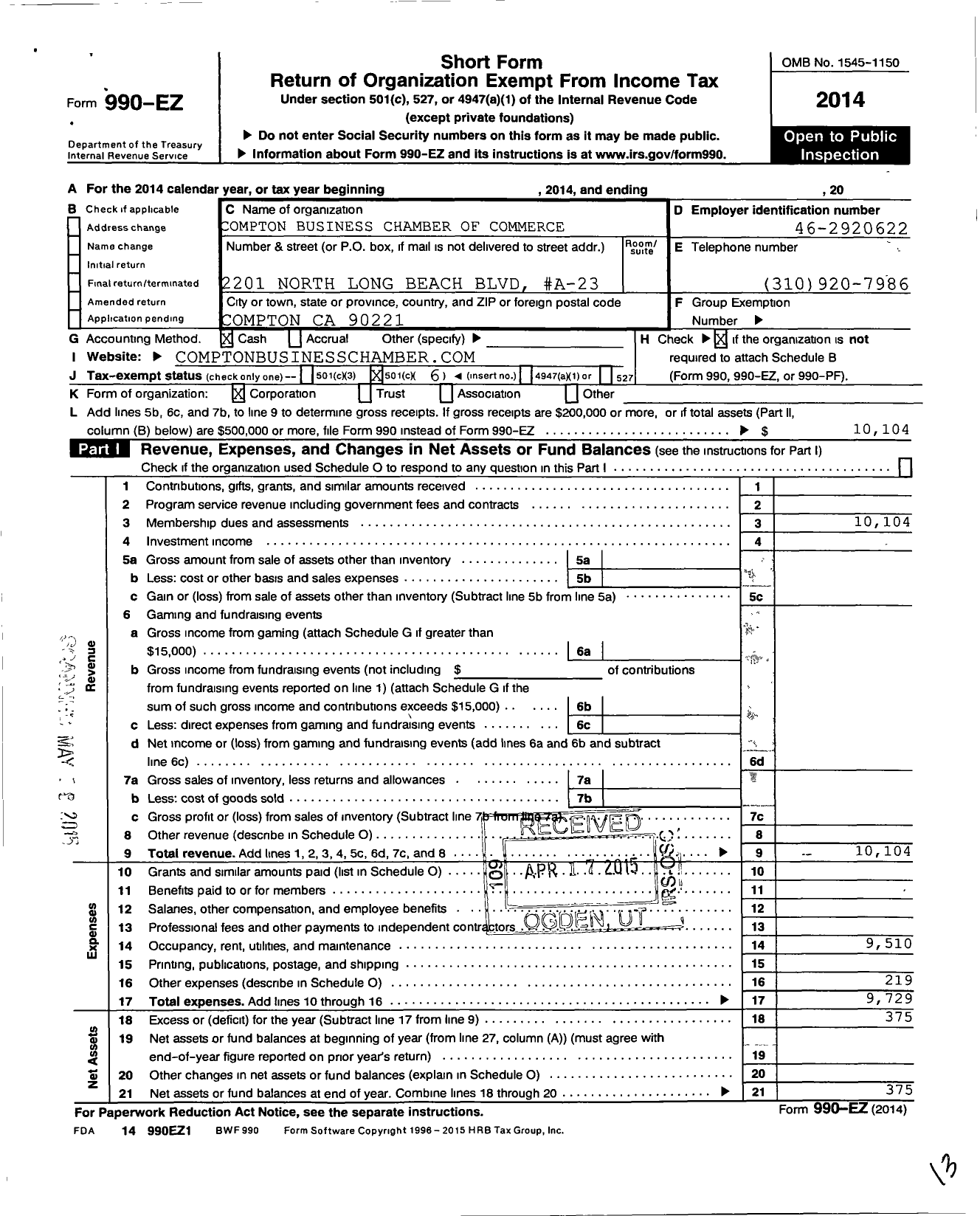 Image of first page of 2014 Form 990EO for Compton Business Chamber of Commerce