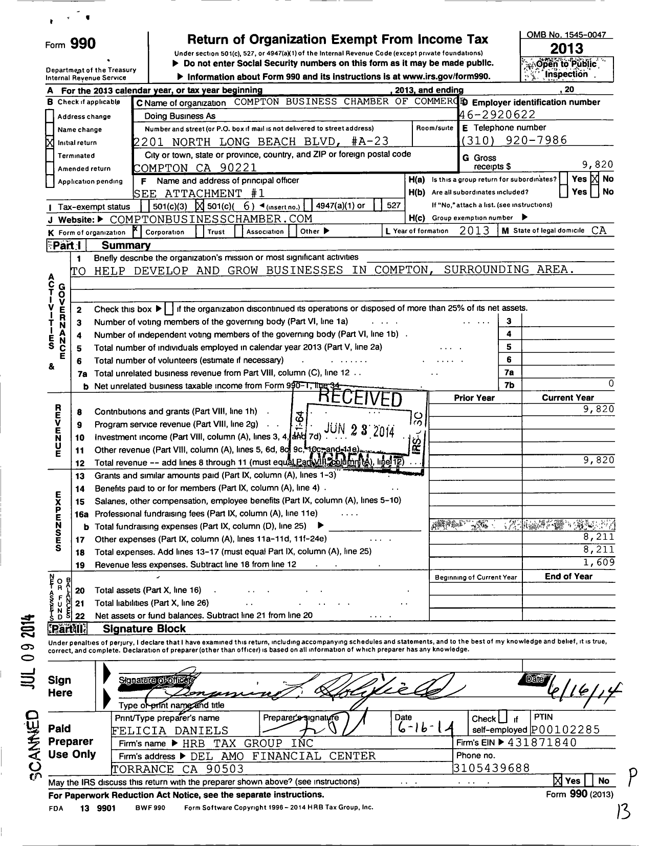 Image of first page of 2013 Form 990O for Compton Business Chamber of Commerce