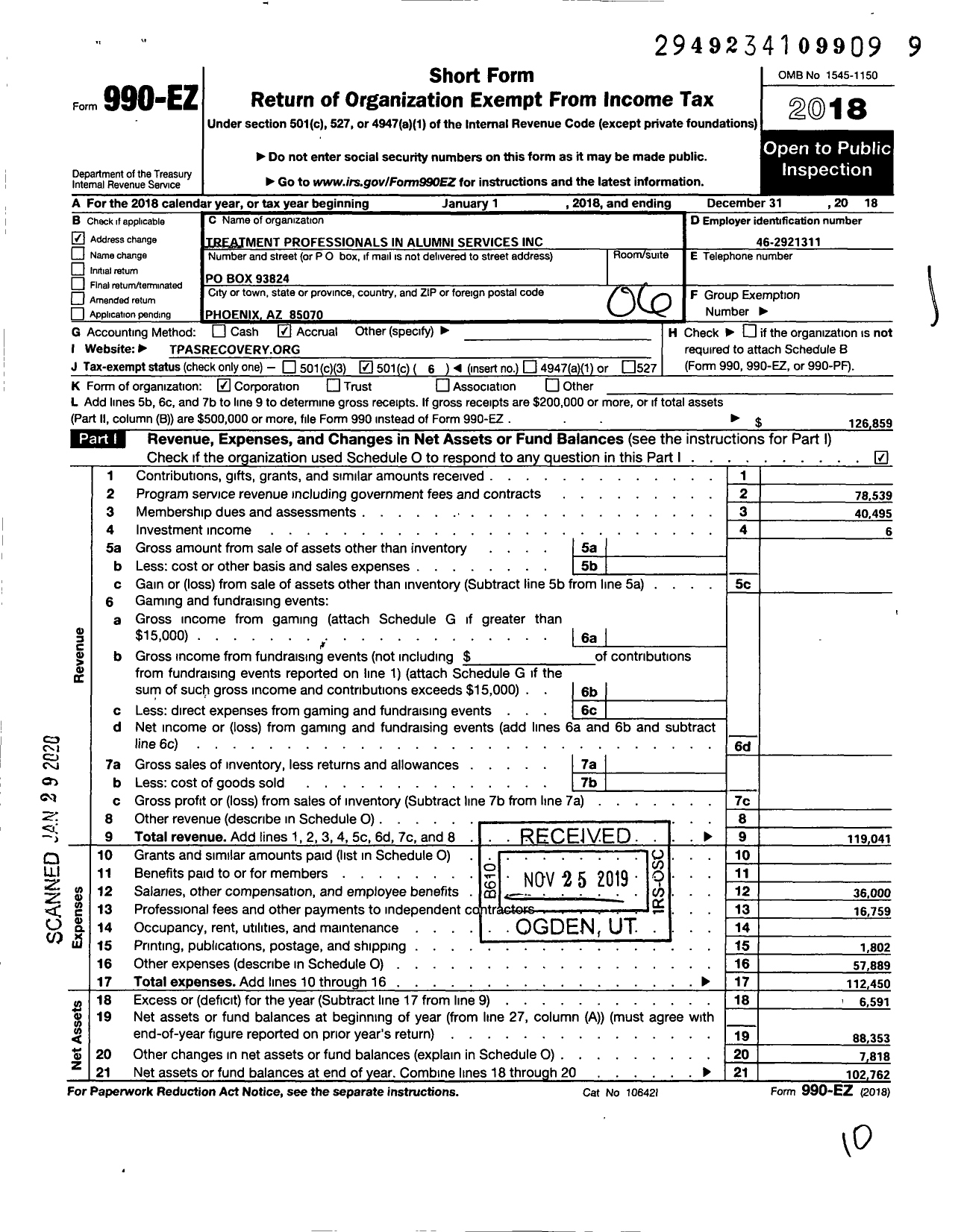 Image of first page of 2018 Form 990EO for Treatment Professionals in Alumni Services