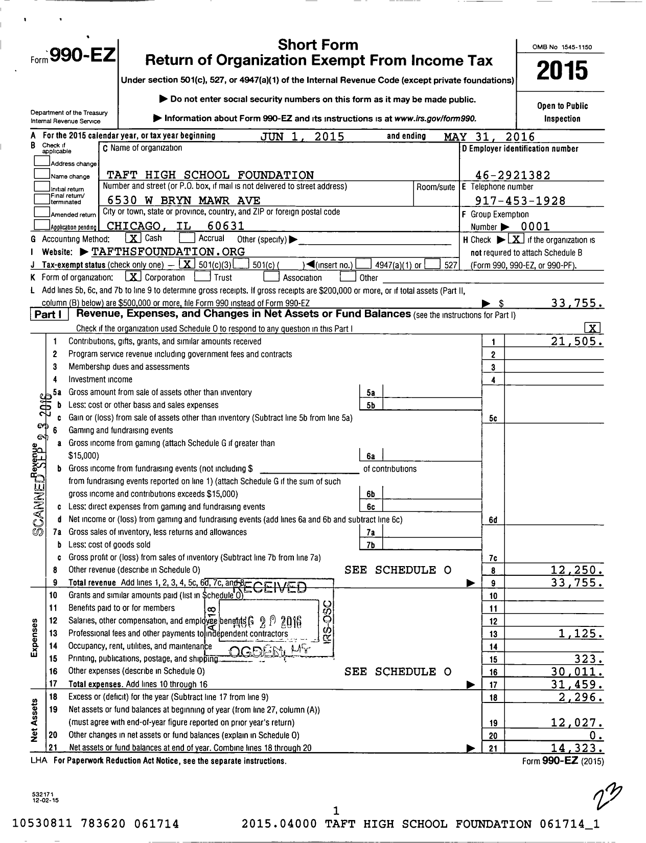 Image of first page of 2015 Form 990EZ for Taft High School Foundation