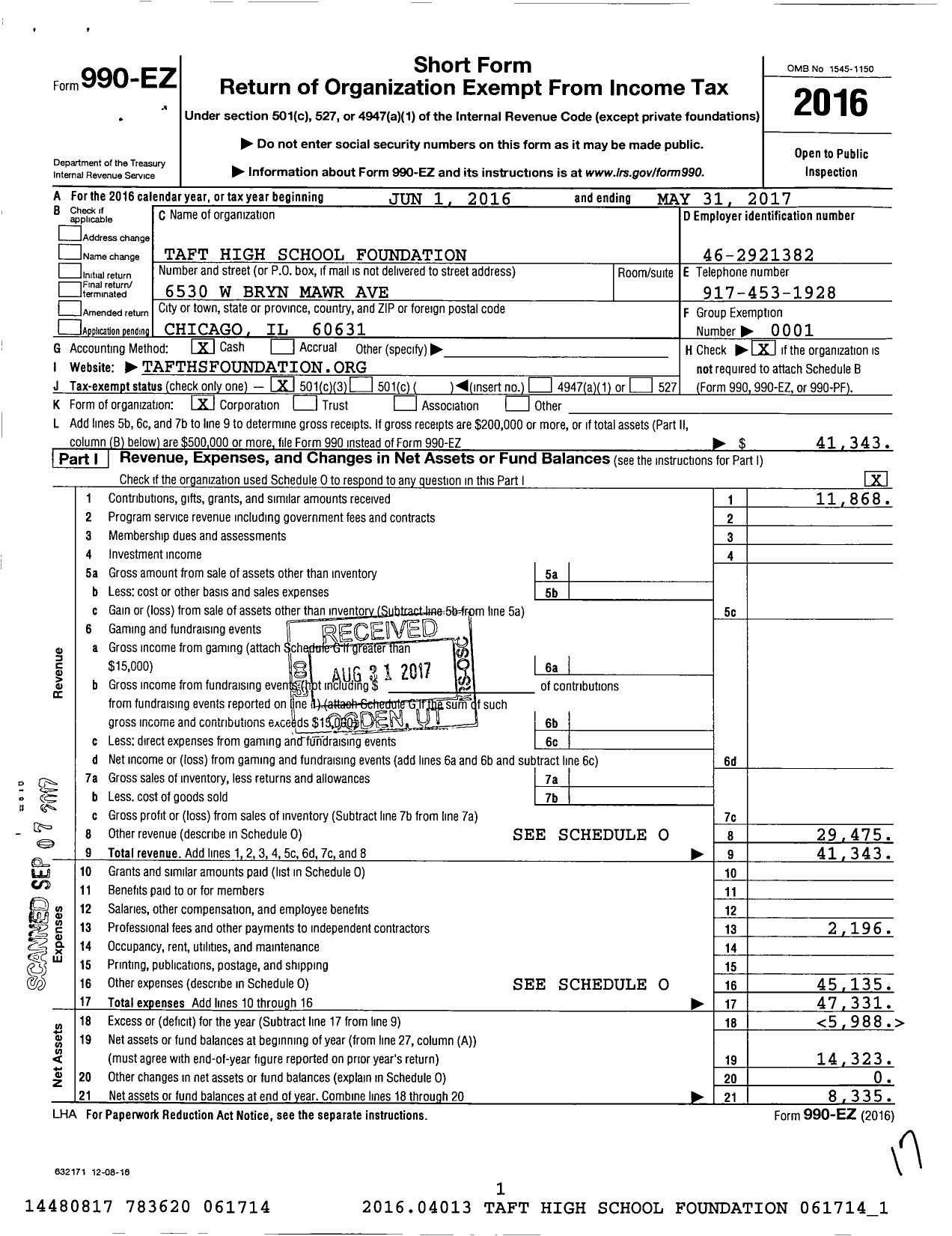 Image of first page of 2016 Form 990EZ for Taft High School Foundation