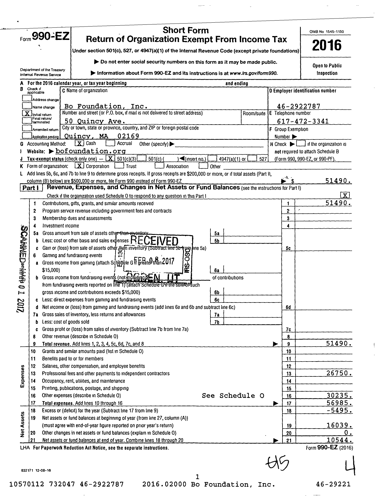 Image of first page of 2016 Form 990EZ for Bo Foundation