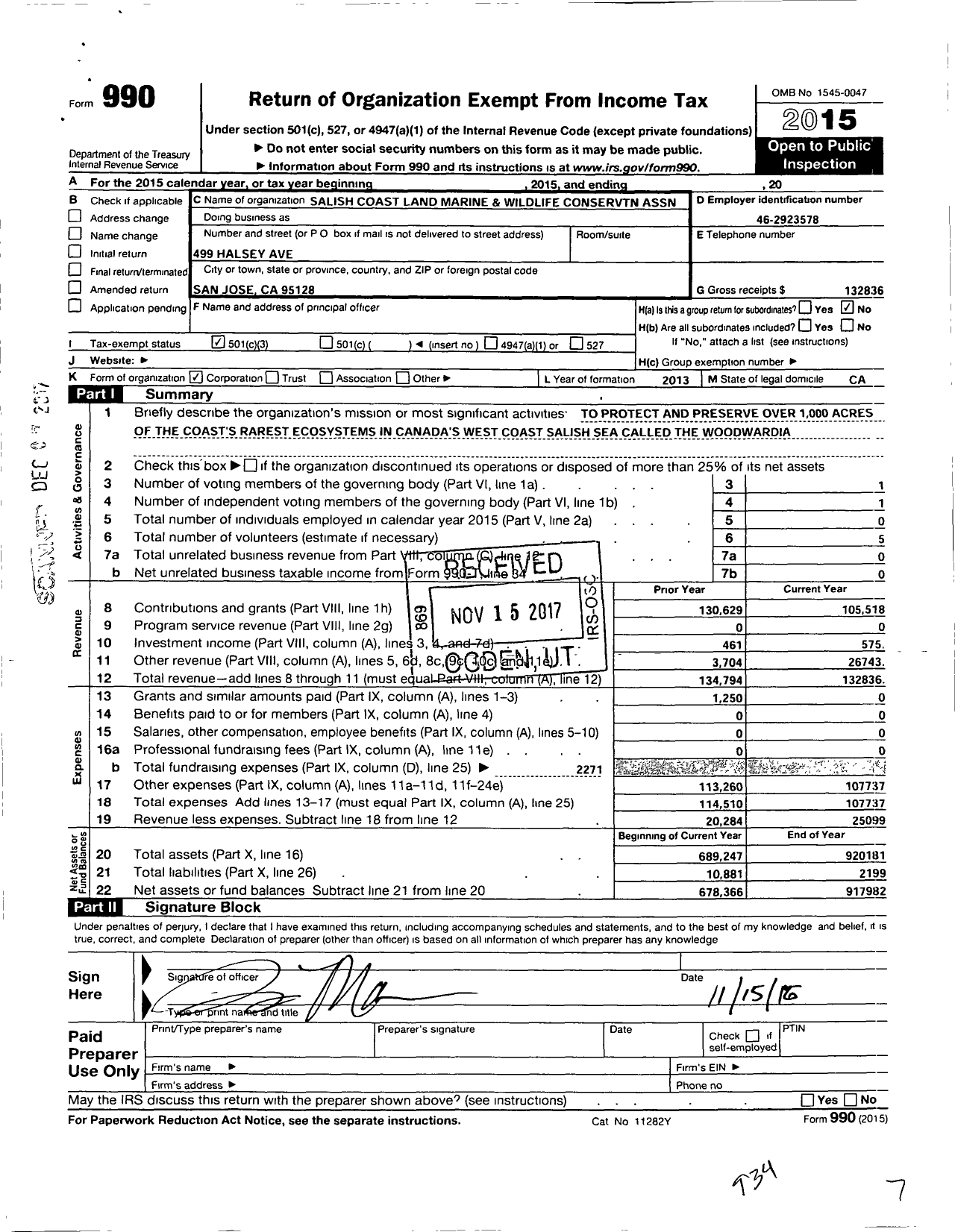 Image of first page of 2015 Form 990 for Salish Coast Land Marine Wildlife Conservtn Association