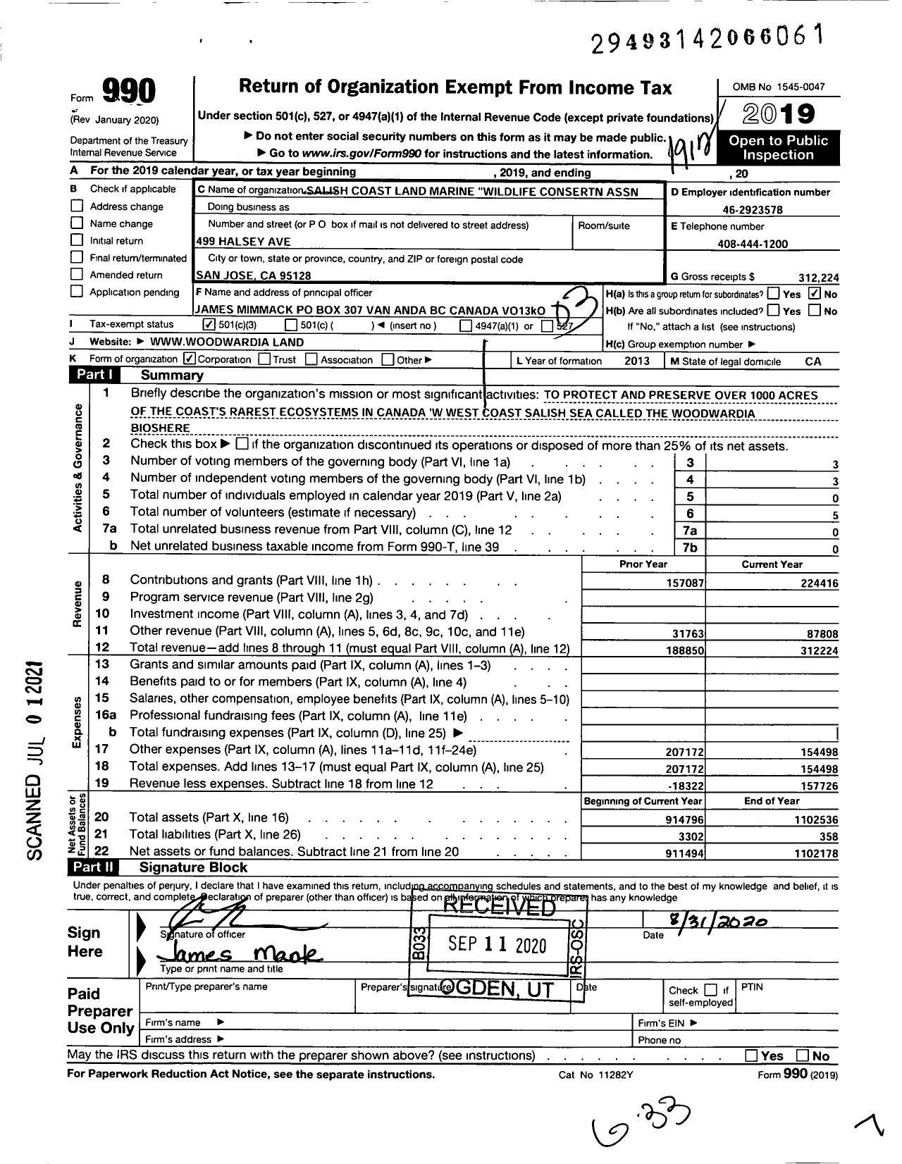 Image of first page of 2019 Form 990 for Salish Coast Land Marine Wildlife Conservtn Association