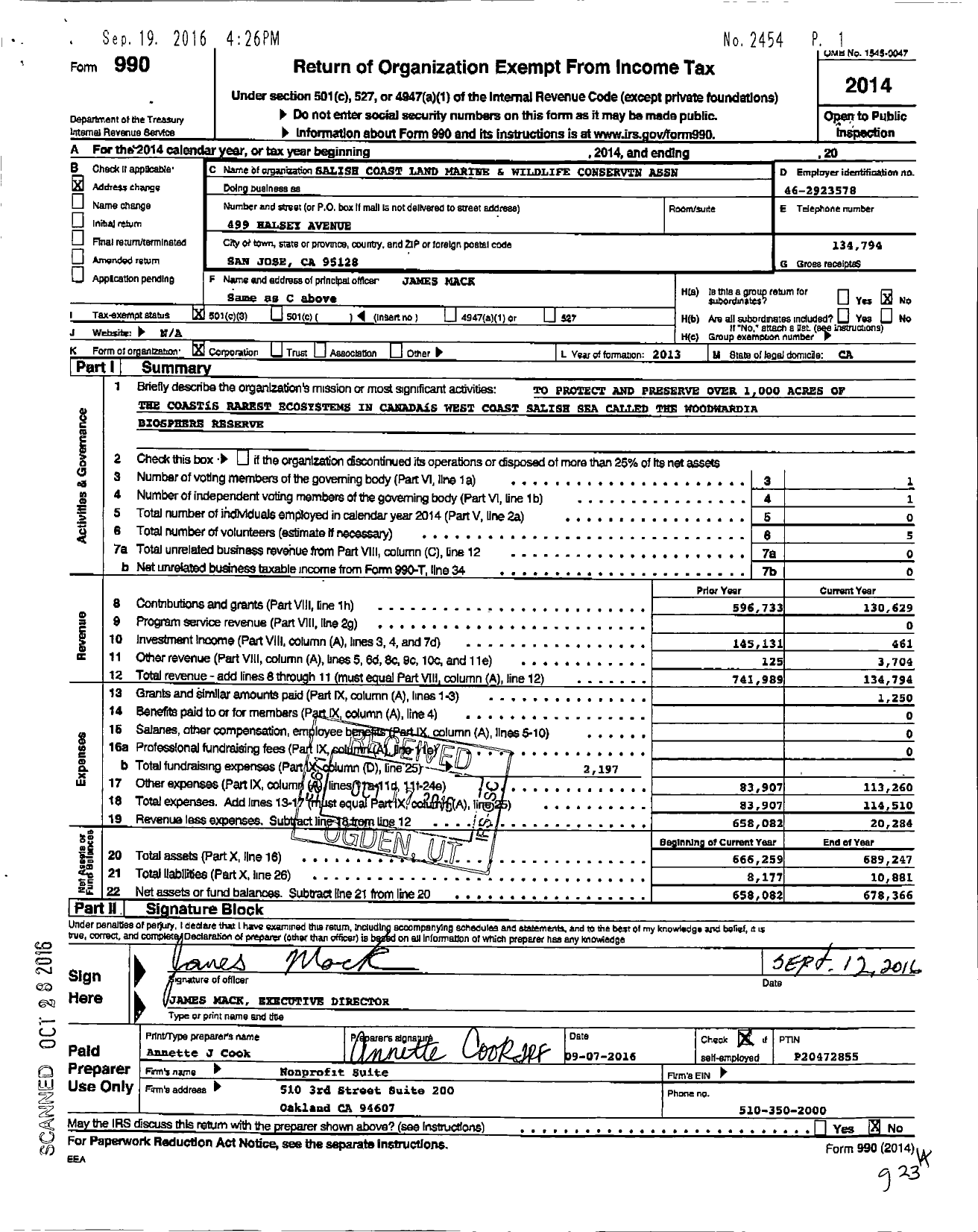 Image of first page of 2014 Form 990 for Salish Coast Land Marine Wildlife Conservtn Association