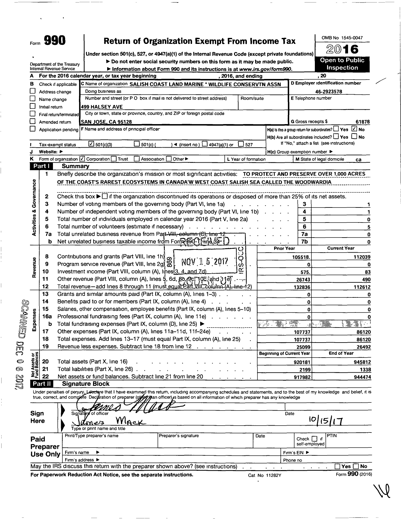 Image of first page of 2016 Form 990 for Salish Coast Land Marine Wildlife Conservtn Association