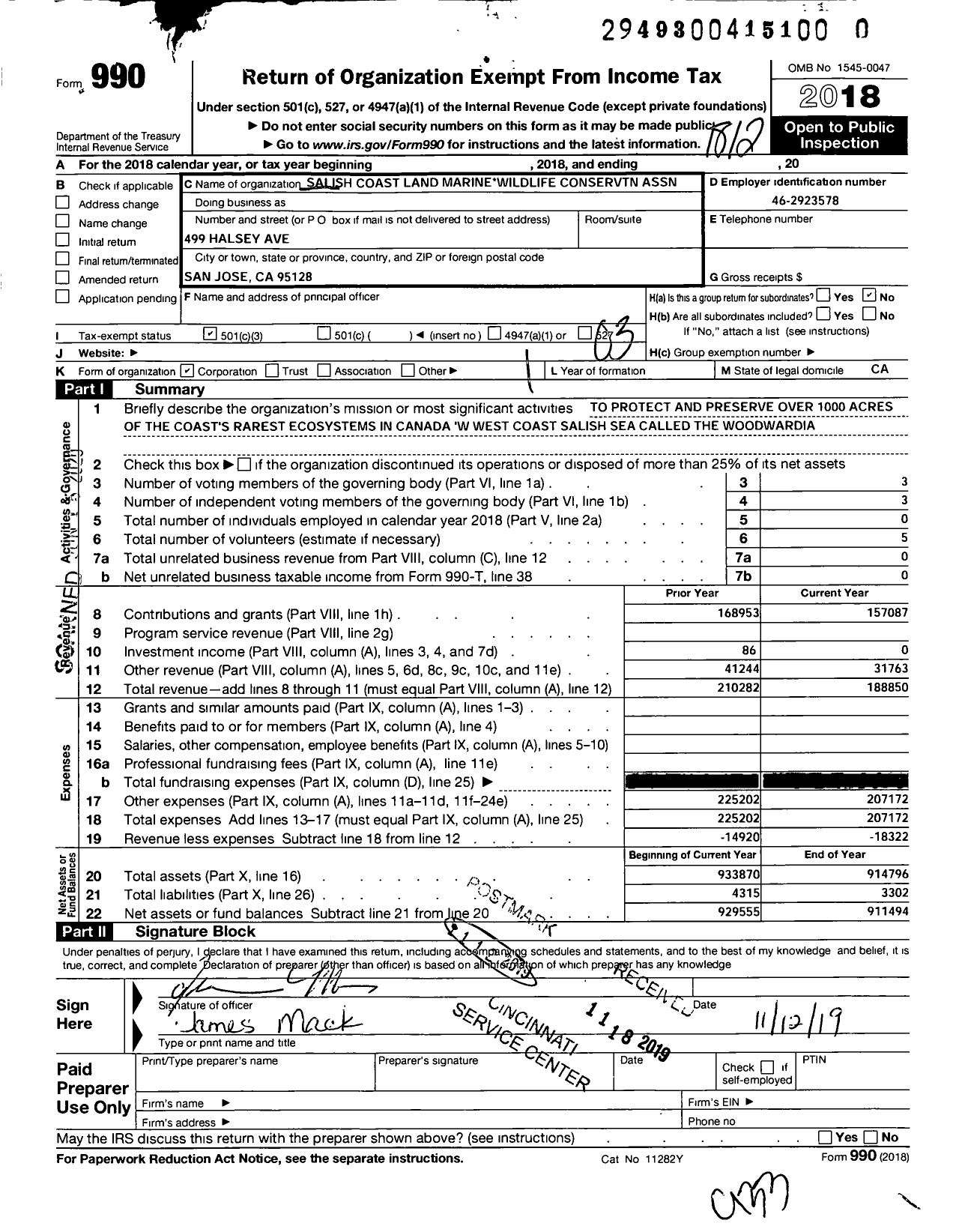 Image of first page of 2018 Form 990 for Salish Coast Land Marine Wildlife Conservtn Association