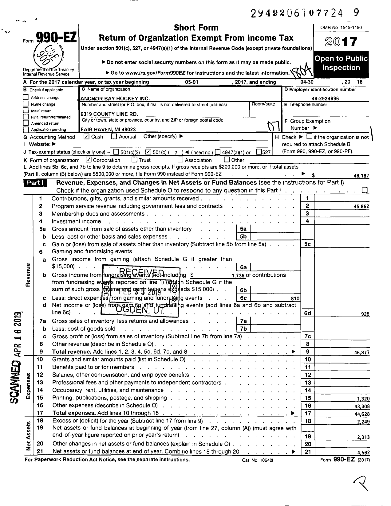 Image of first page of 2017 Form 990EO for Anchor Bay Hockey