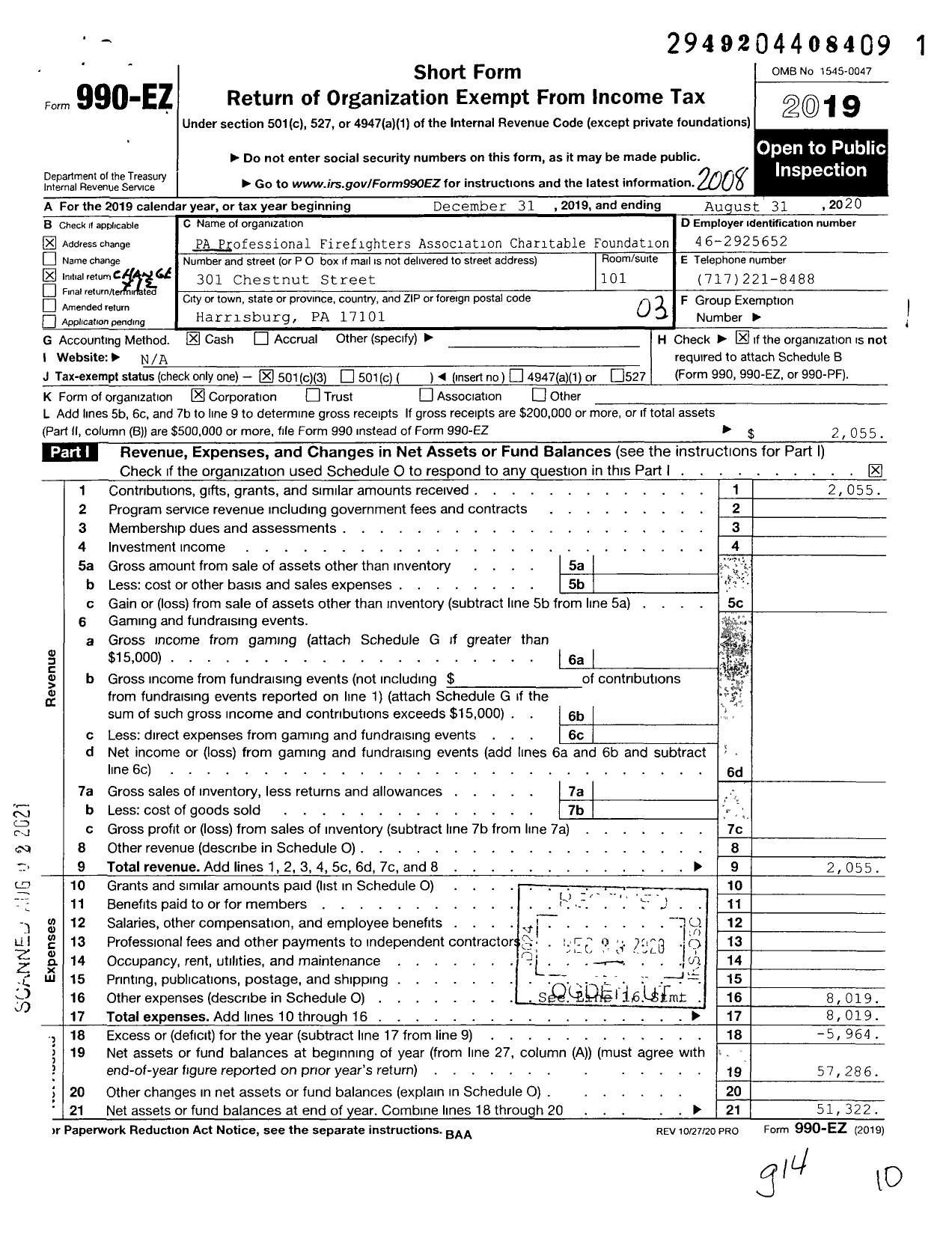 Image of first page of 2019 Form 990EZ for PA Professional Firefighters Association Charitable Foundation