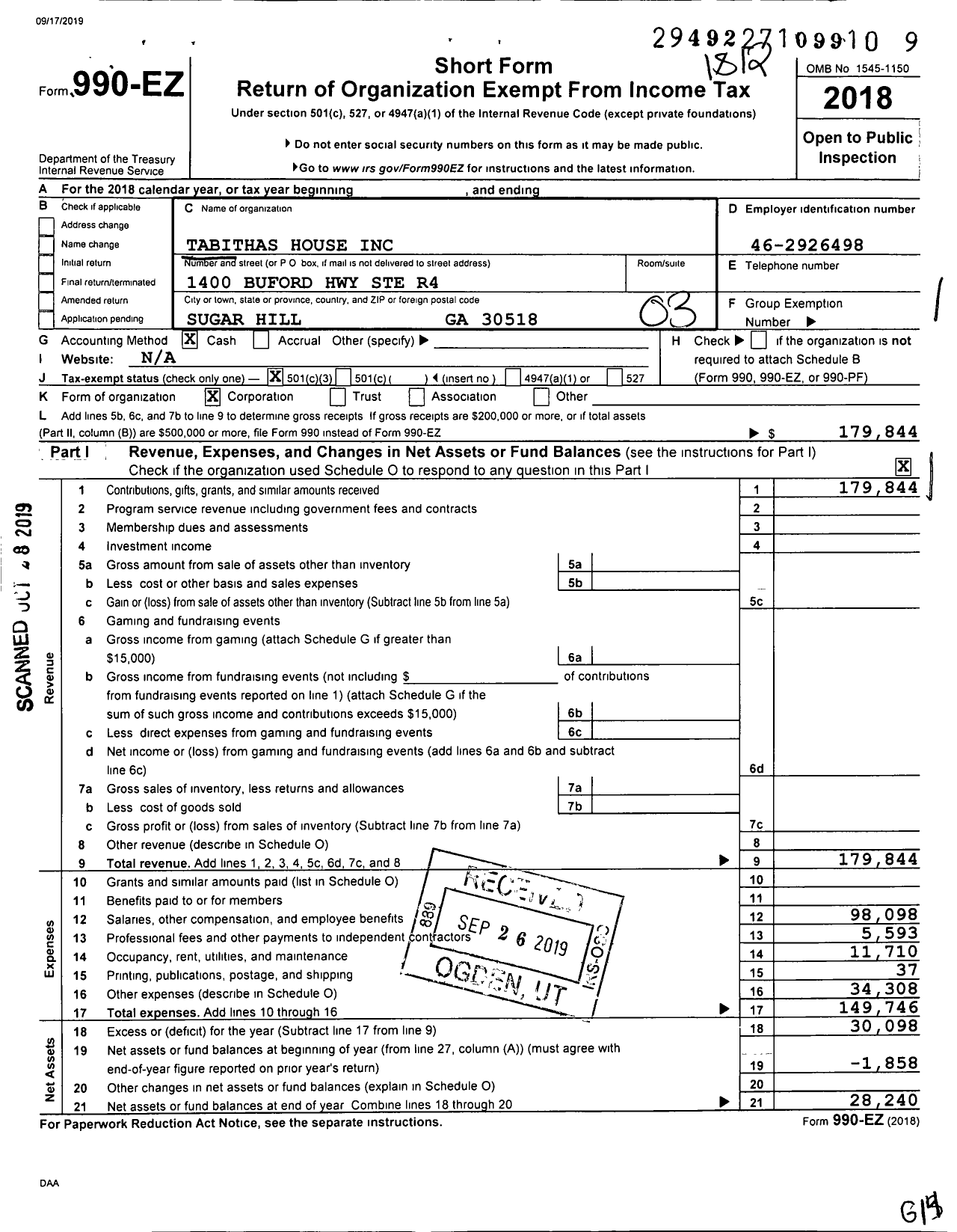 Image of first page of 2018 Form 990EZ for Tabithas House