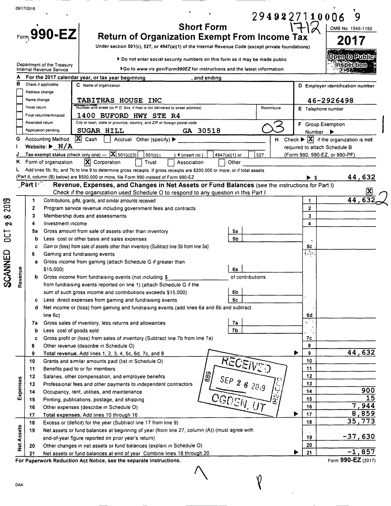 Image of first page of 2017 Form 990EZ for Tabithas House