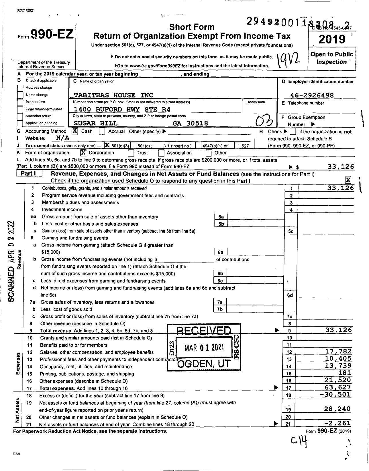 Image of first page of 2019 Form 990EZ for Tabithas House