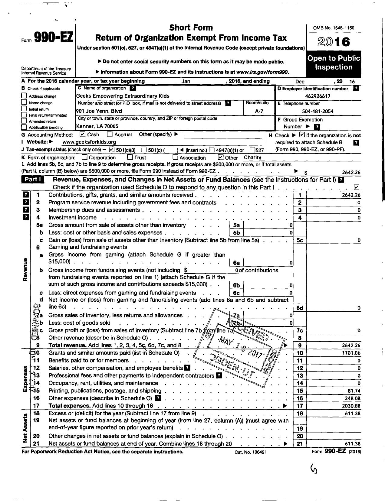 Image of first page of 2016 Form 990EZ for Geeks Empowering Extraordinary Kids