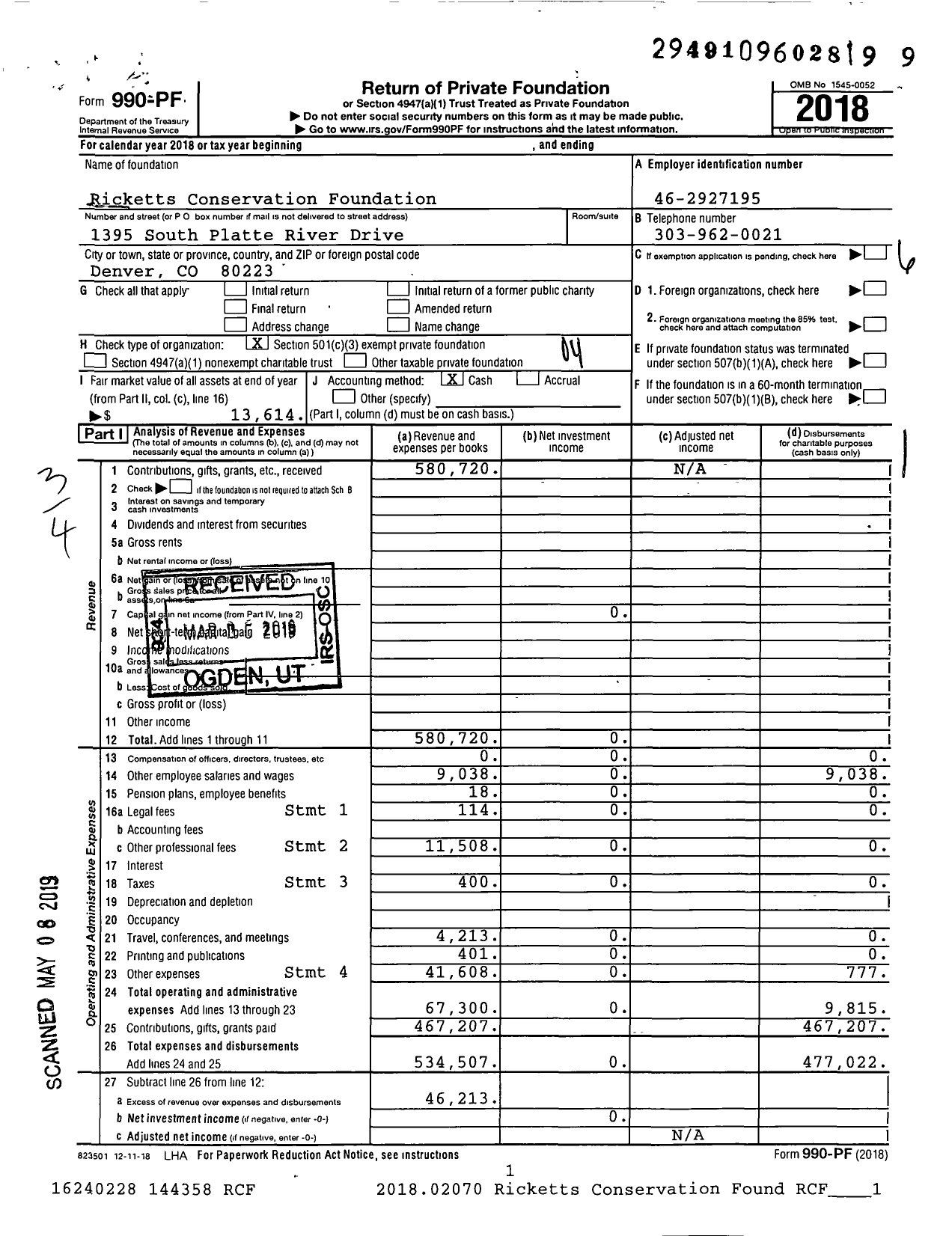 Image of first page of 2018 Form 990PF for The Ricketts Conservation Foundation