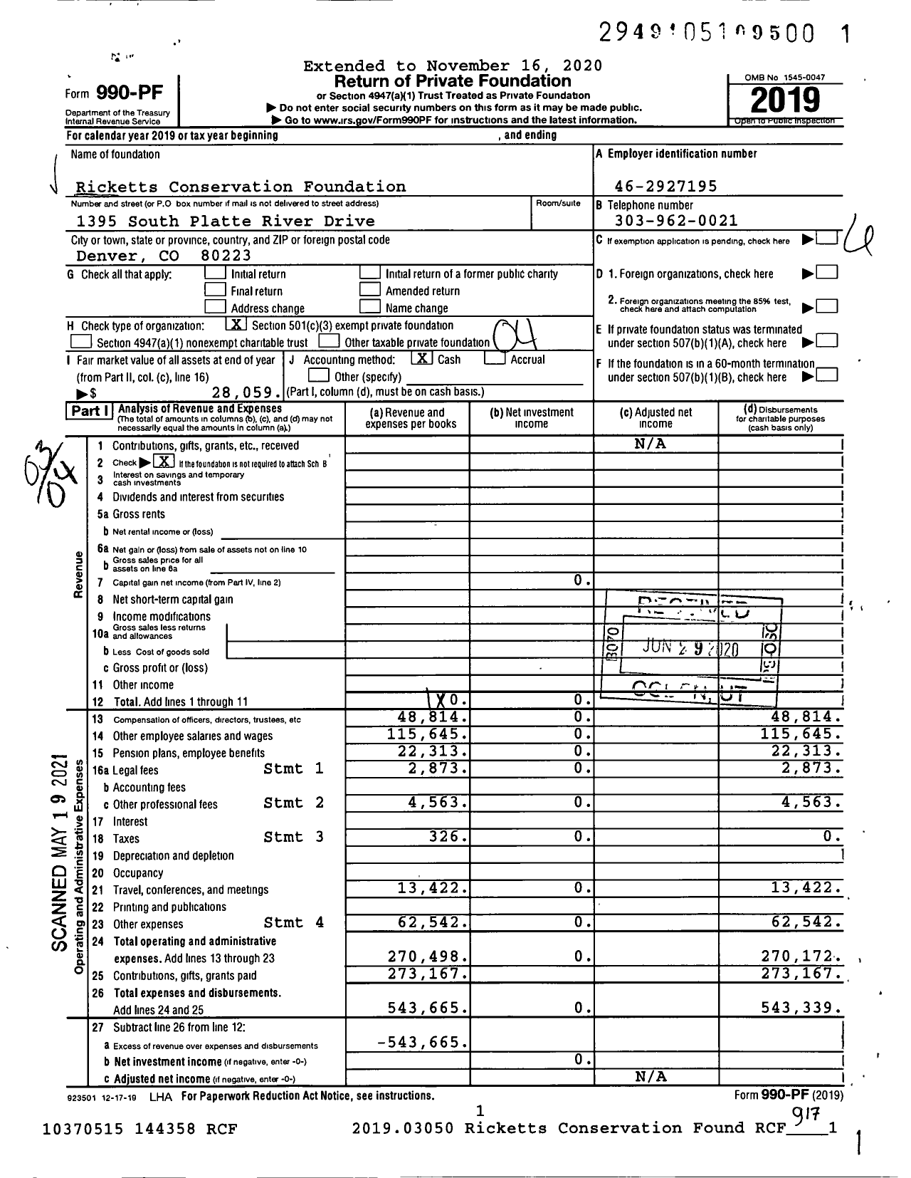 Image of first page of 2019 Form 990PF for The Ricketts Conservation Foundation