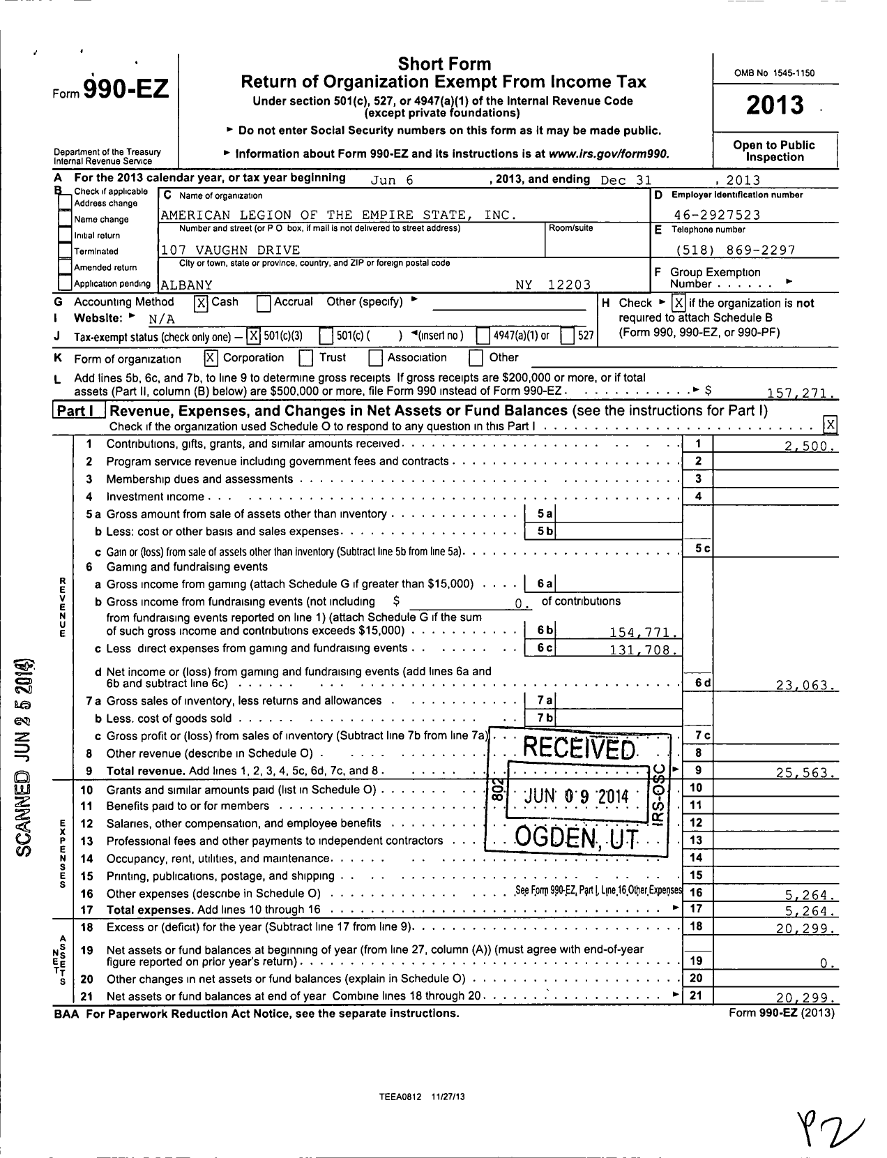 Image of first page of 2013 Form 990EZ for American Legion of the Empire State