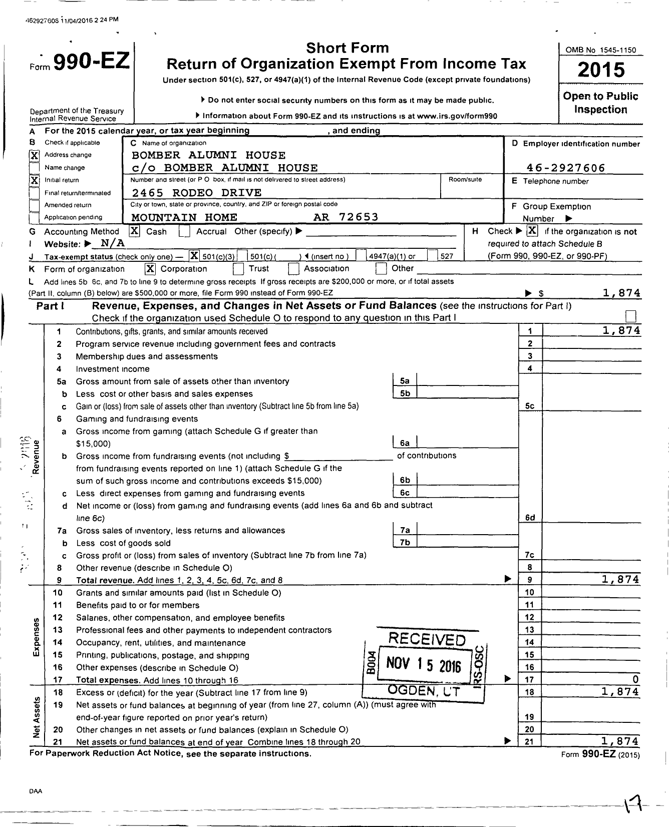 Image of first page of 2015 Form 990EZ for Bomber Alumni House