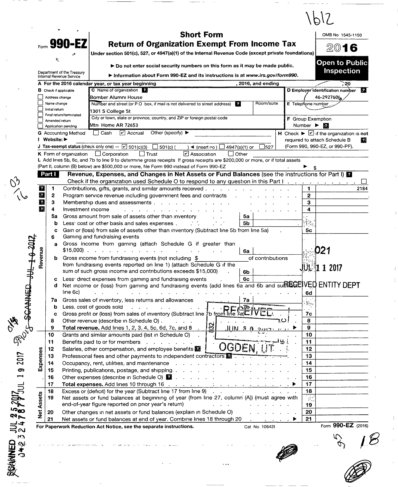 Image of first page of 2016 Form 990EZ for Bomber Alumni House