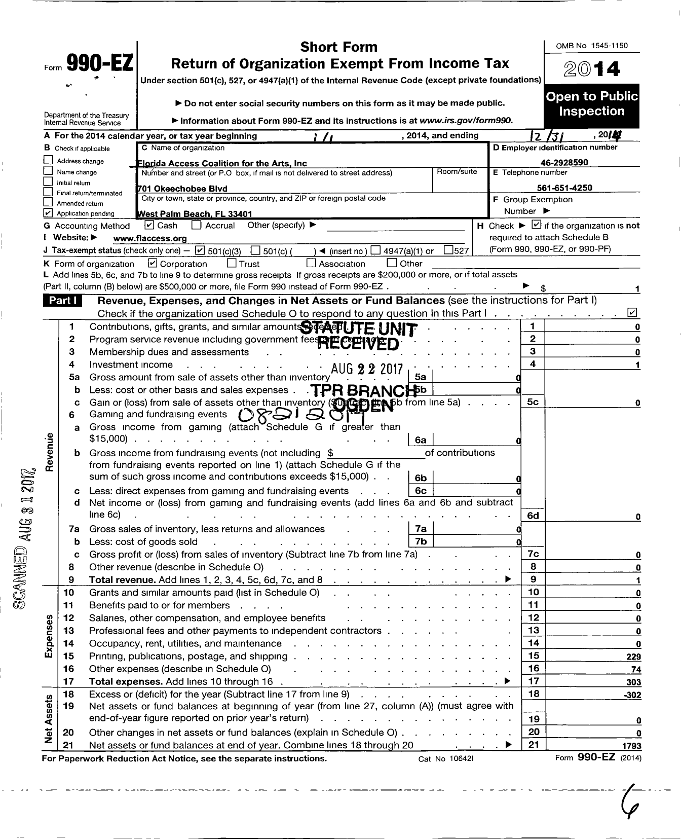 Image of first page of 2014 Form 990EZ for Florida Access Coalition for the Arts