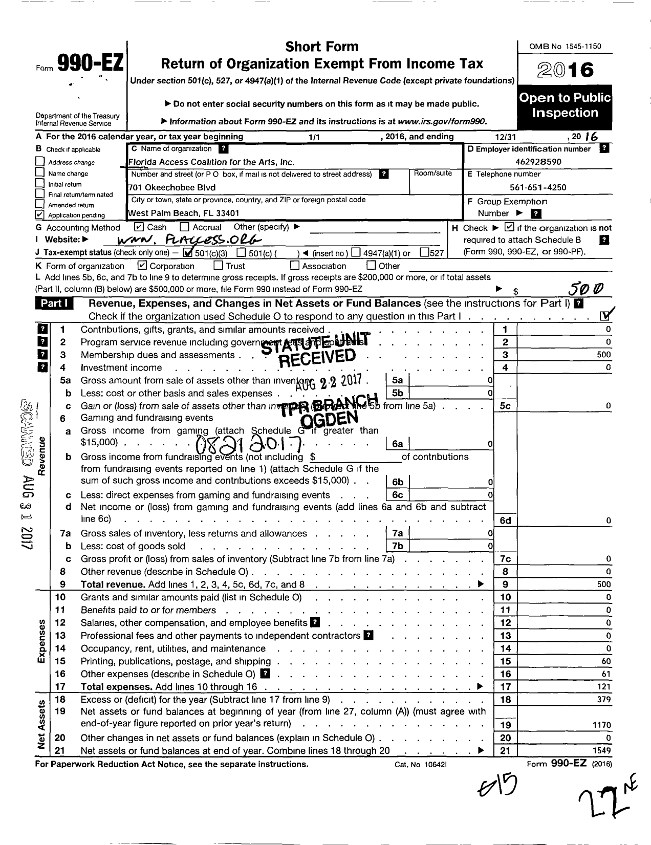 Image of first page of 2016 Form 990EZ for Florida Access Coalition for the Arts