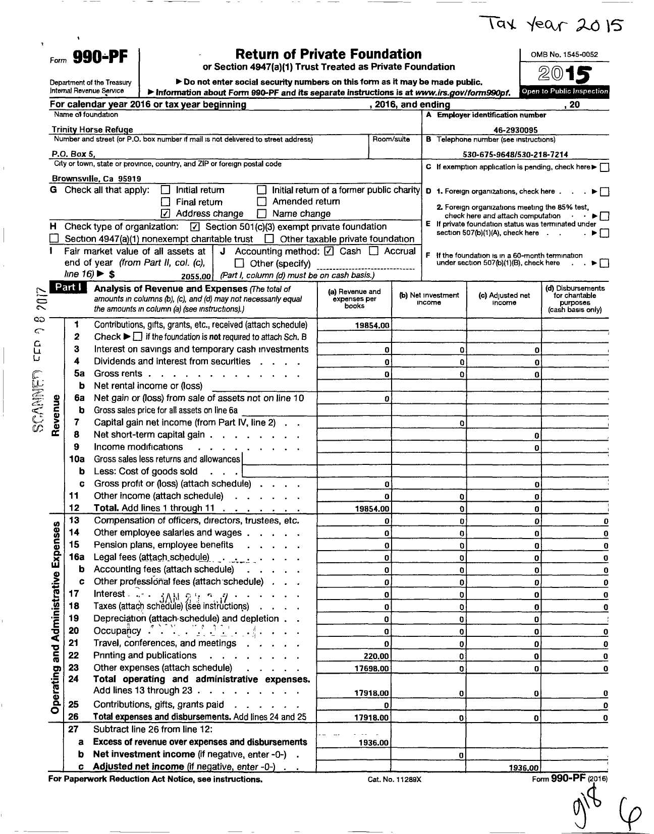 Image of first page of 2015 Form 990PF for Trinity Horse Refuge