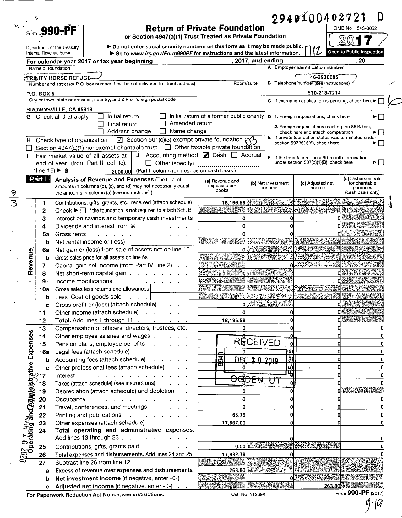 Image of first page of 2017 Form 990PR for Trinity Horse Refuge