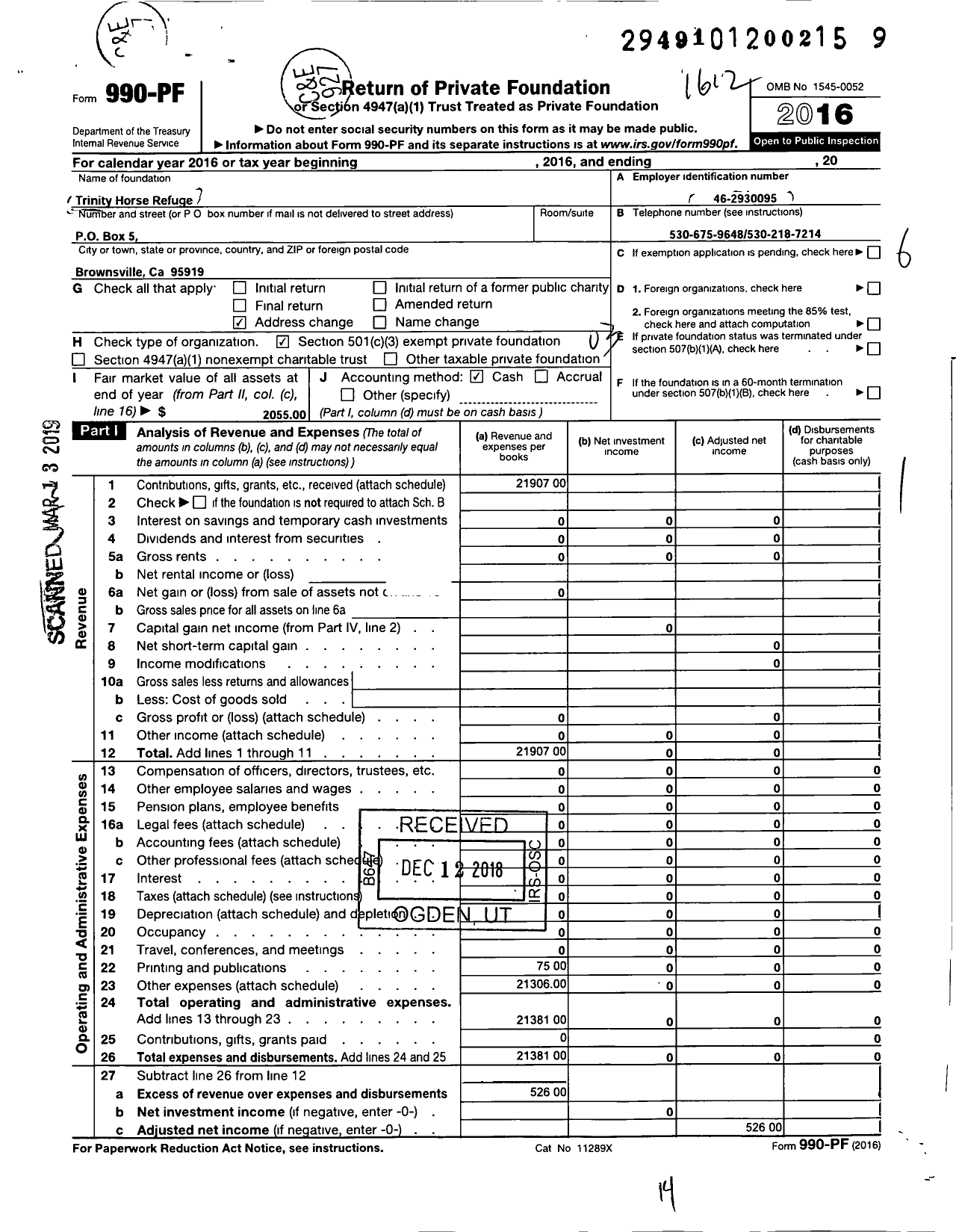 Image of first page of 2016 Form 990PF for Trinity Horse Refuge