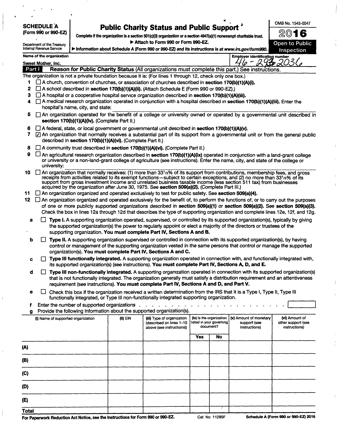 Image of first page of 2016 Form 990ER for Sweet Mother Incorporated