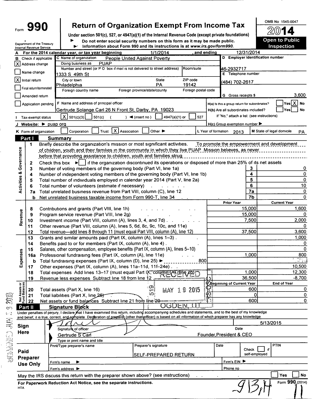 Image of first page of 2014 Form 990 for People United Against Poverty International